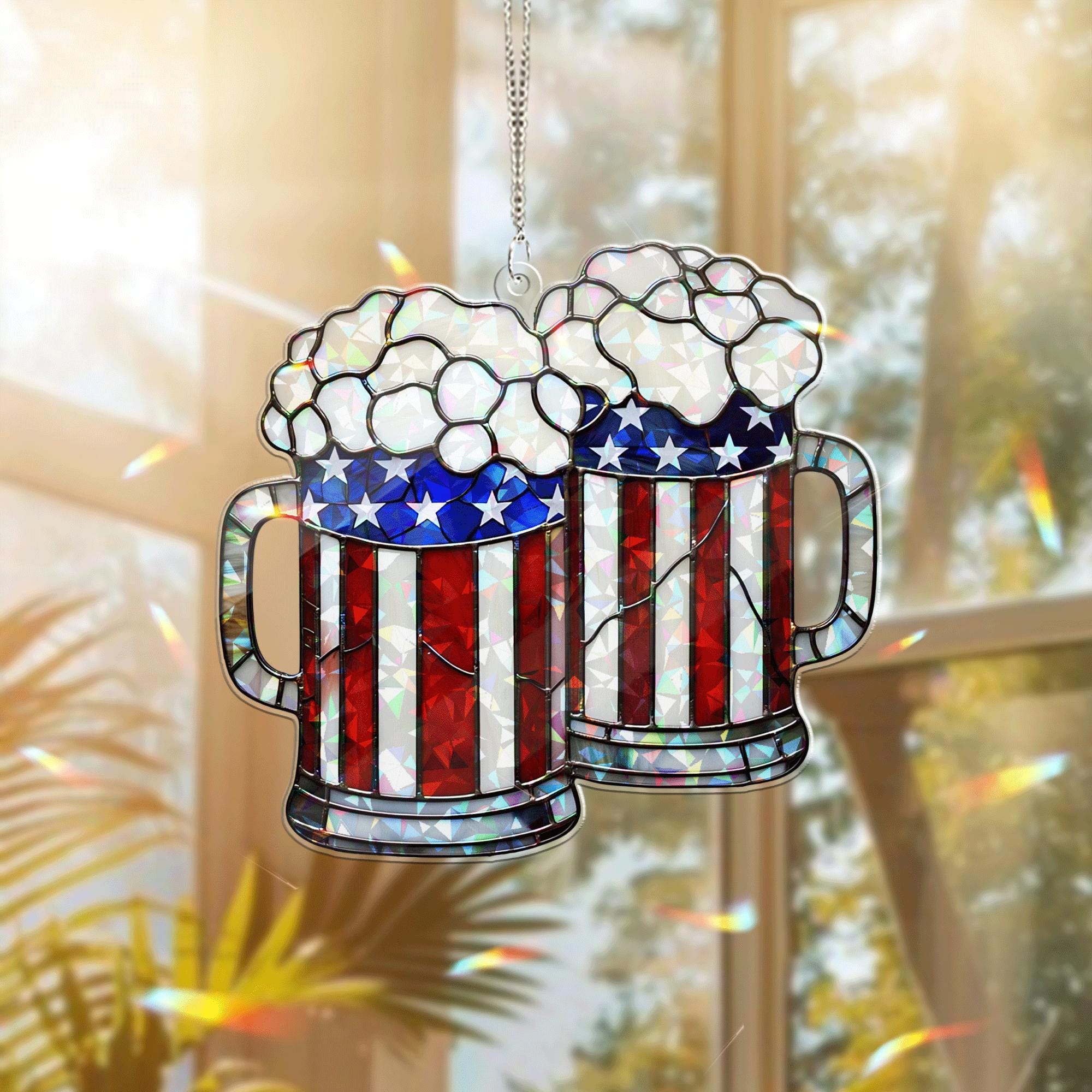 4th of July Beer Mug Acrylic Window Hanging – Patriotic Hanging with American Flag Design, Fun Summer Bar or Party Decor