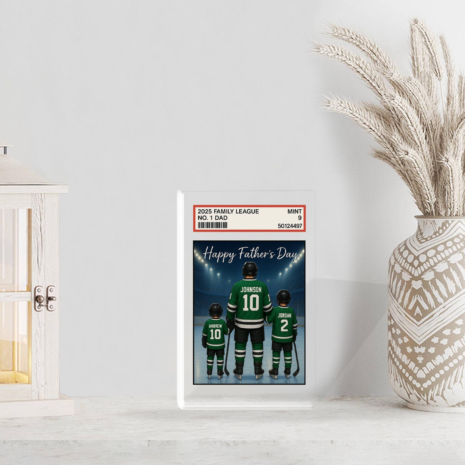 Custom Hockey Dad Acrylic Block | Personalized Father's Day Gift from Kids | No.1 Dad Mint Card Style | Ice Rink Family Art