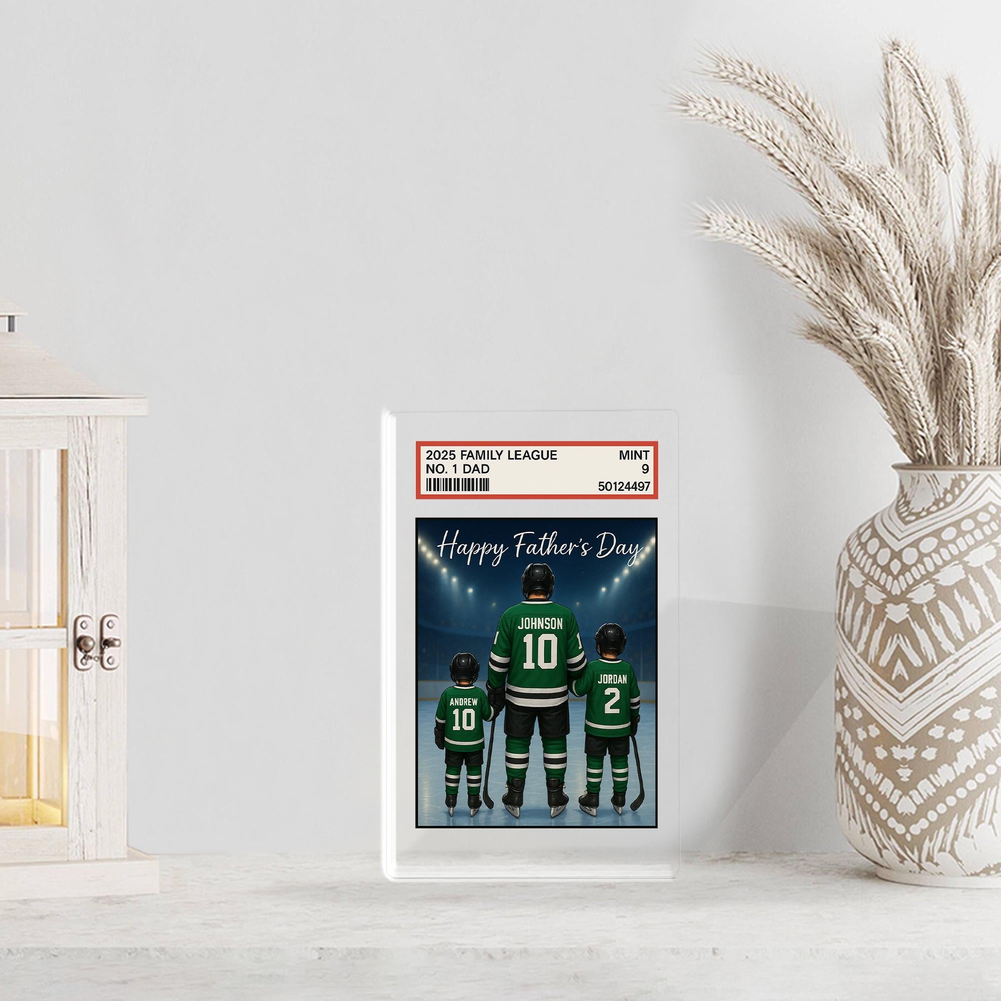 Custom Hockey Dad Acrylic Block | Personalized Father's Day Gift from Kids | No.1 Dad Mint Card Style | Ice Rink Family Art