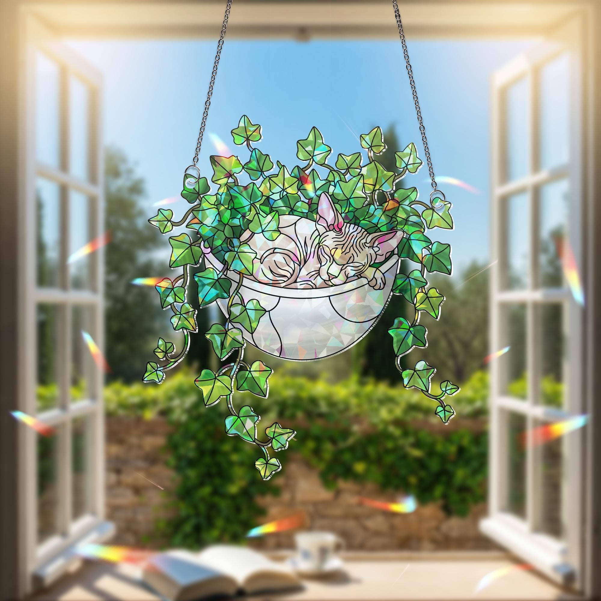 Sphynx Cat Sleeping on Ivy Hologram Ornament, Cat ACRYLIC Window Hanging | Plant Lover Gift | Ivy Plants Decor, Cozy Cat Decor, Gift For Mom