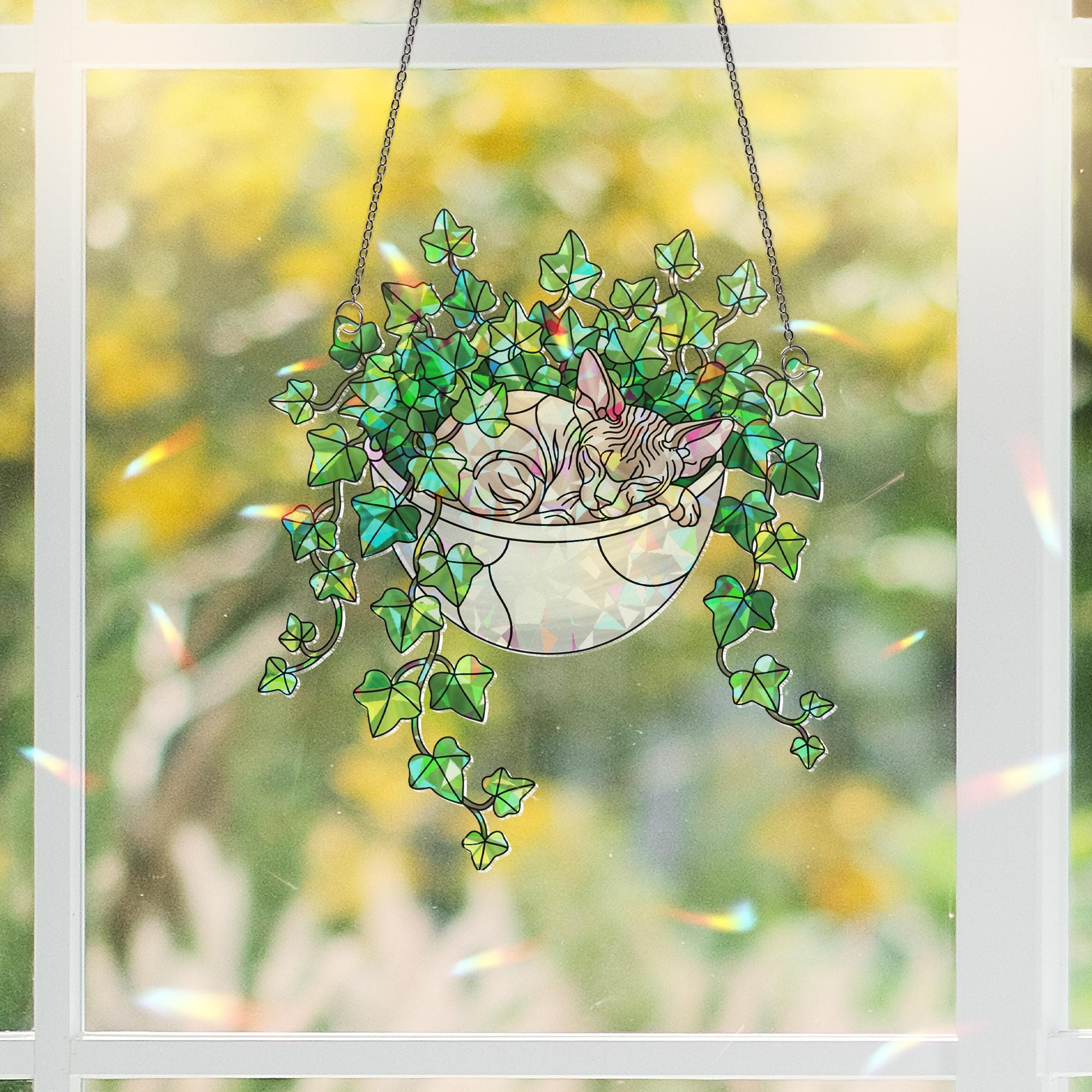Sphynx Cat Sleeping on Ivy Hologram Ornament, Cat ACRYLIC Window Hanging | Plant Lover Gift | Ivy Plants Decor, Cozy Cat Decor, Gift For Mom
