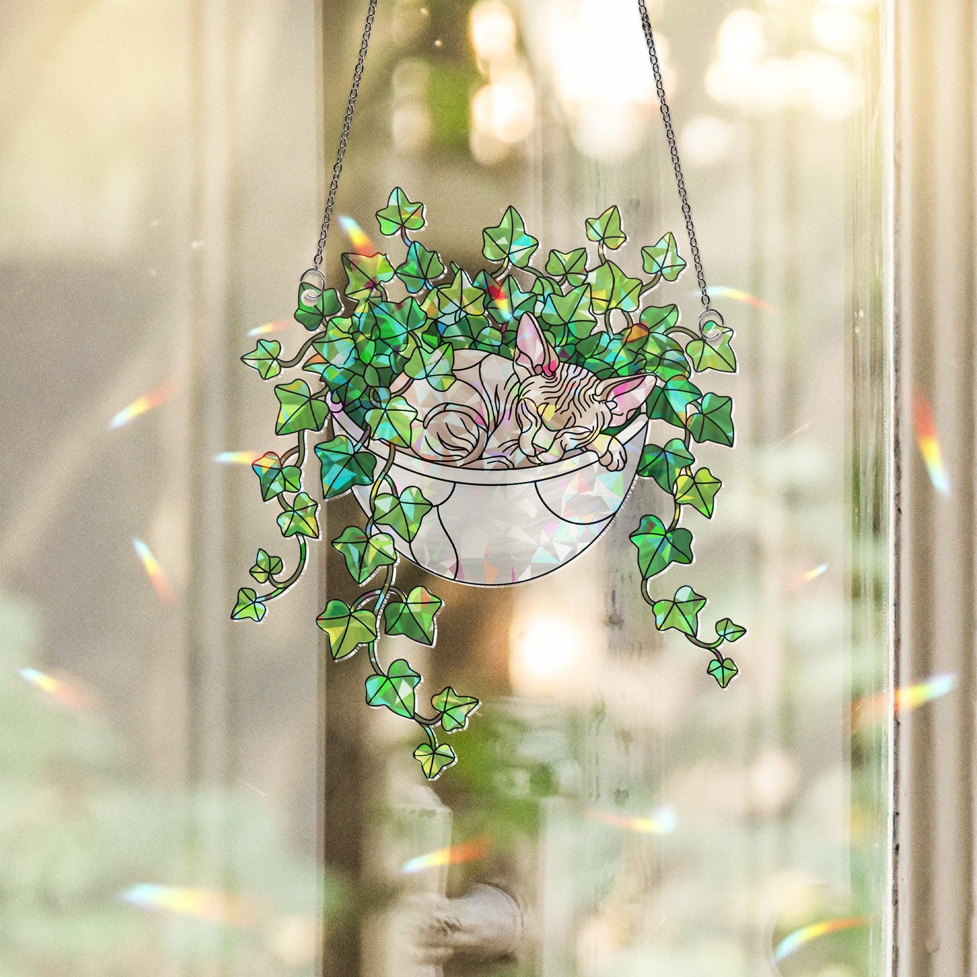 Sphynx Cat Sleeping on Ivy Hologram Ornament, Cat ACRYLIC Window Hanging | Plant Lover Gift | Ivy Plants Decor, Cozy Cat Decor, Gift For Mom