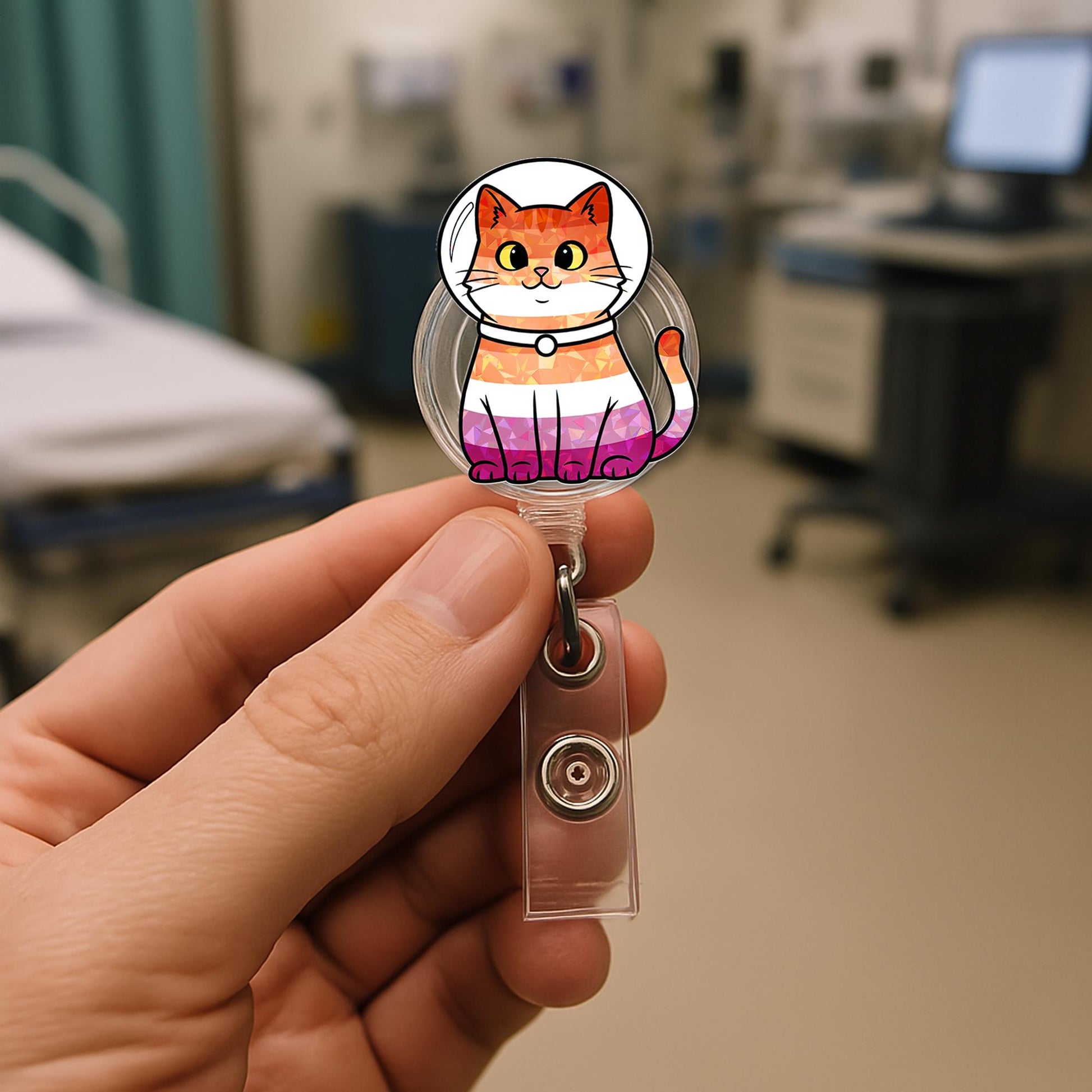 Lesbian Pride Cat Badge Reel | Cute LGBTQ+ Kitty ID Holder | Funny Queer Nurse Gift | Retractable Badge Clip for Vet & Teachers