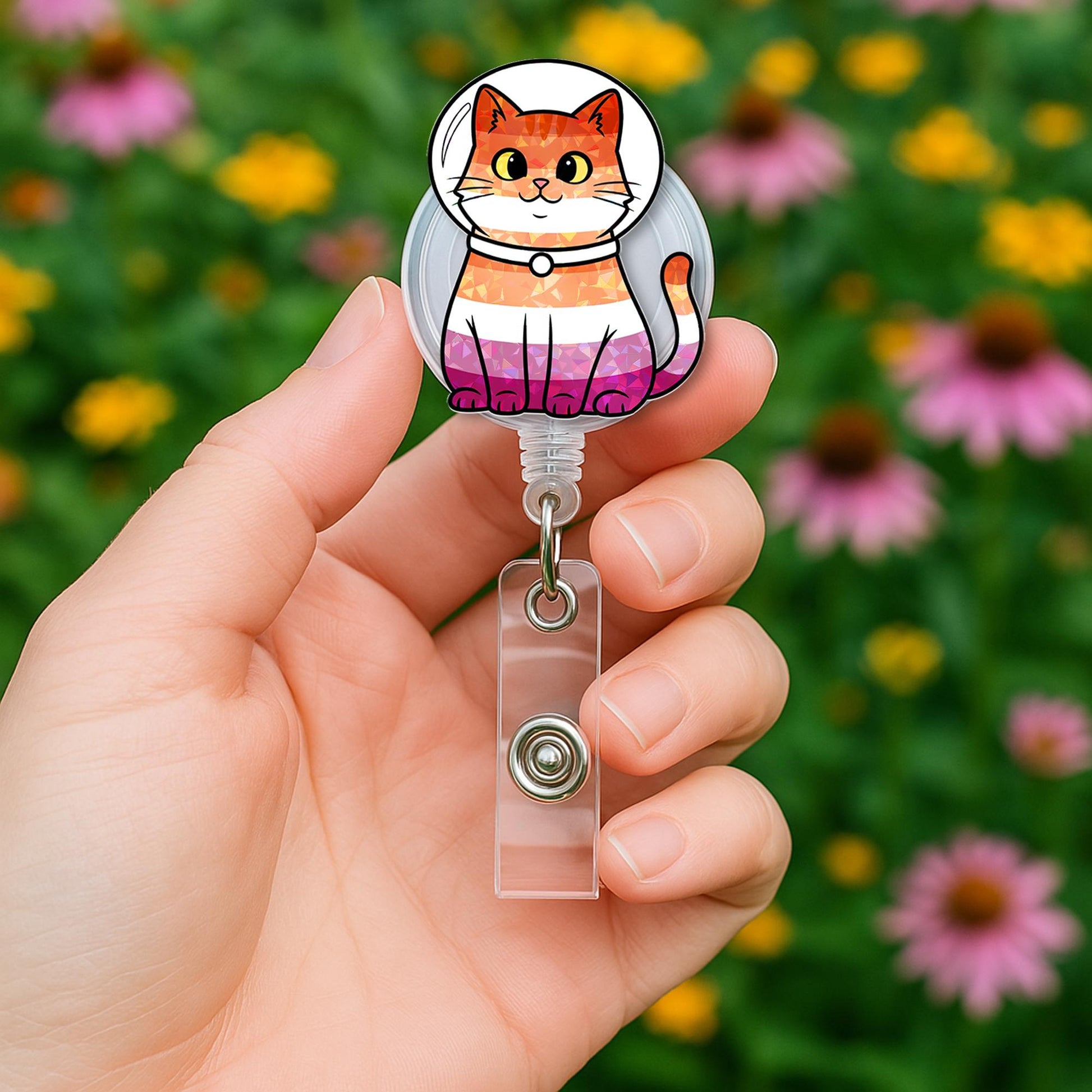 Lesbian Pride Cat Badge Reel | Cute LGBTQ+ Kitty ID Holder | Funny Queer Nurse Gift | Retractable Badge Clip for Vet & Teachers