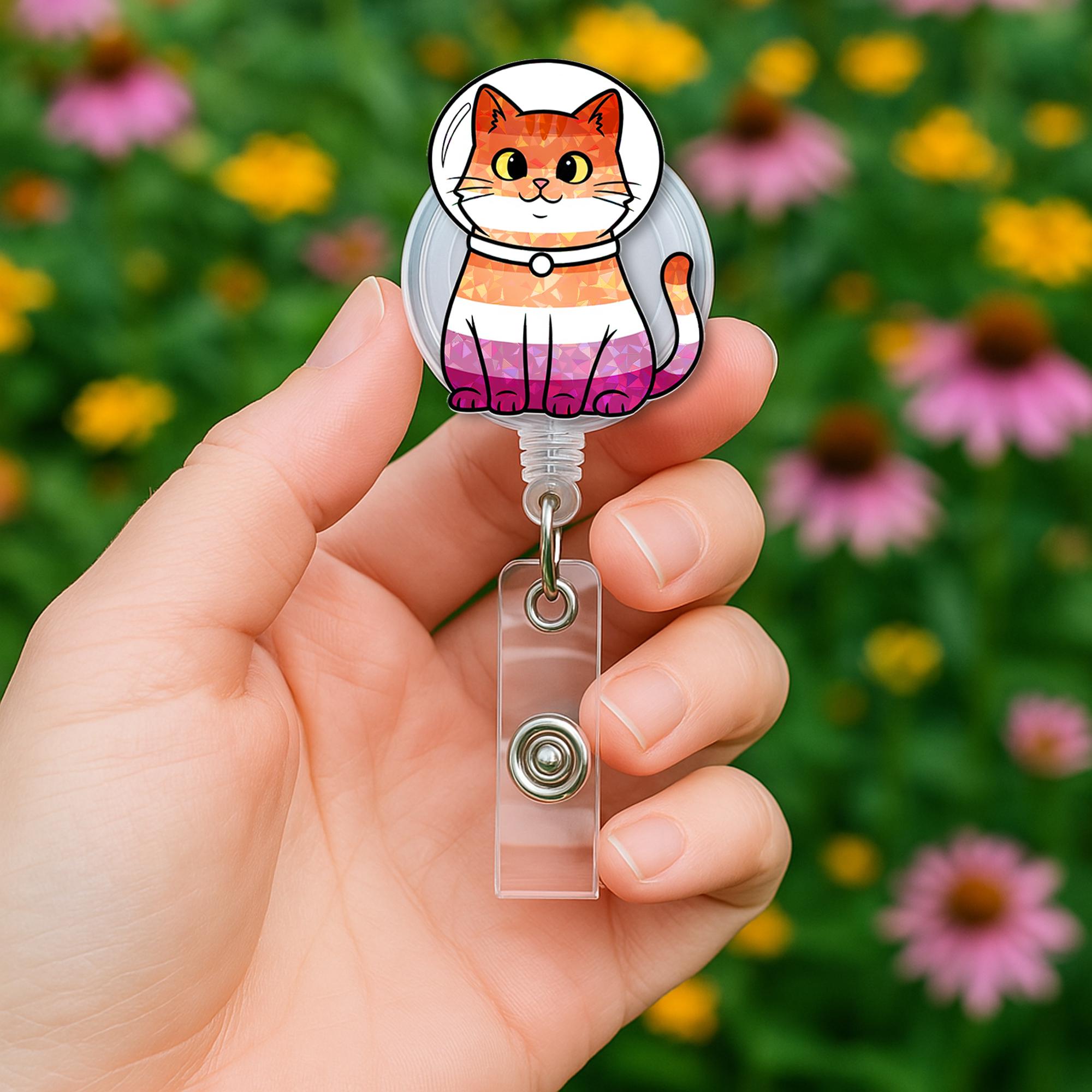 Lesbian Pride Cat Badge Reel | Cute LGBTQ+ Kitty ID Holder | Funny Queer Nurse Gift | Retractable Badge Clip for Vet & Teachers