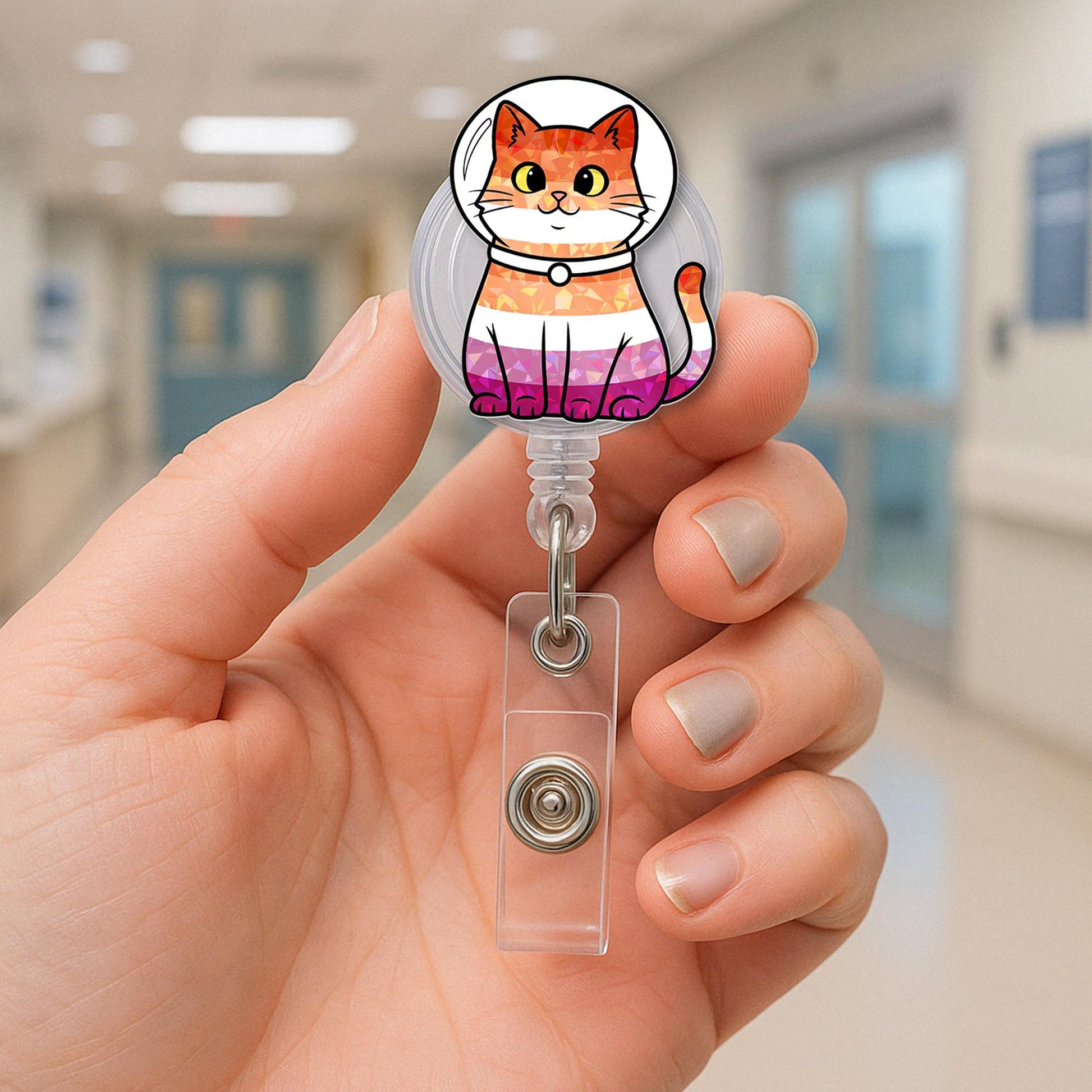 Lesbian Pride Cat Badge Reel | Cute LGBTQ+ Kitty ID Holder | Funny Queer Nurse Gift | Retractable Badge Clip for Vet & Teachers