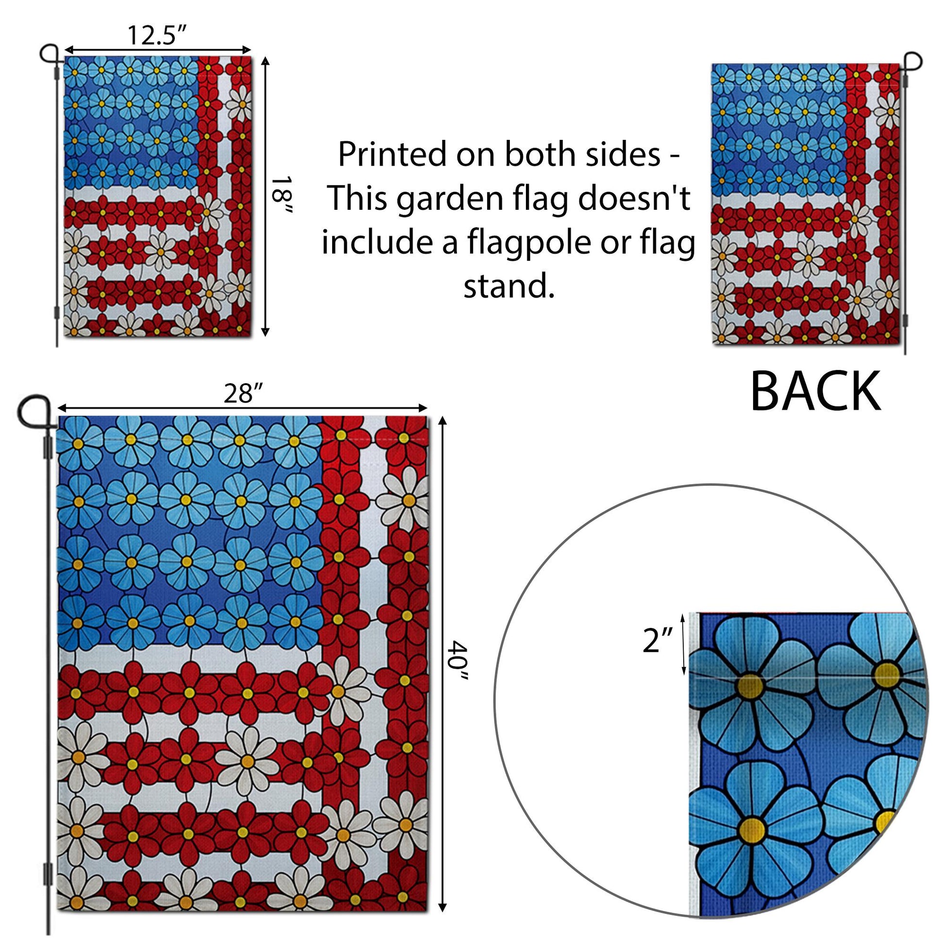 4th of July Floral Garden Flag | Patriotic Outdoor Yard Banner | Red White Blue Flower American Flag | Summer Porch Decor