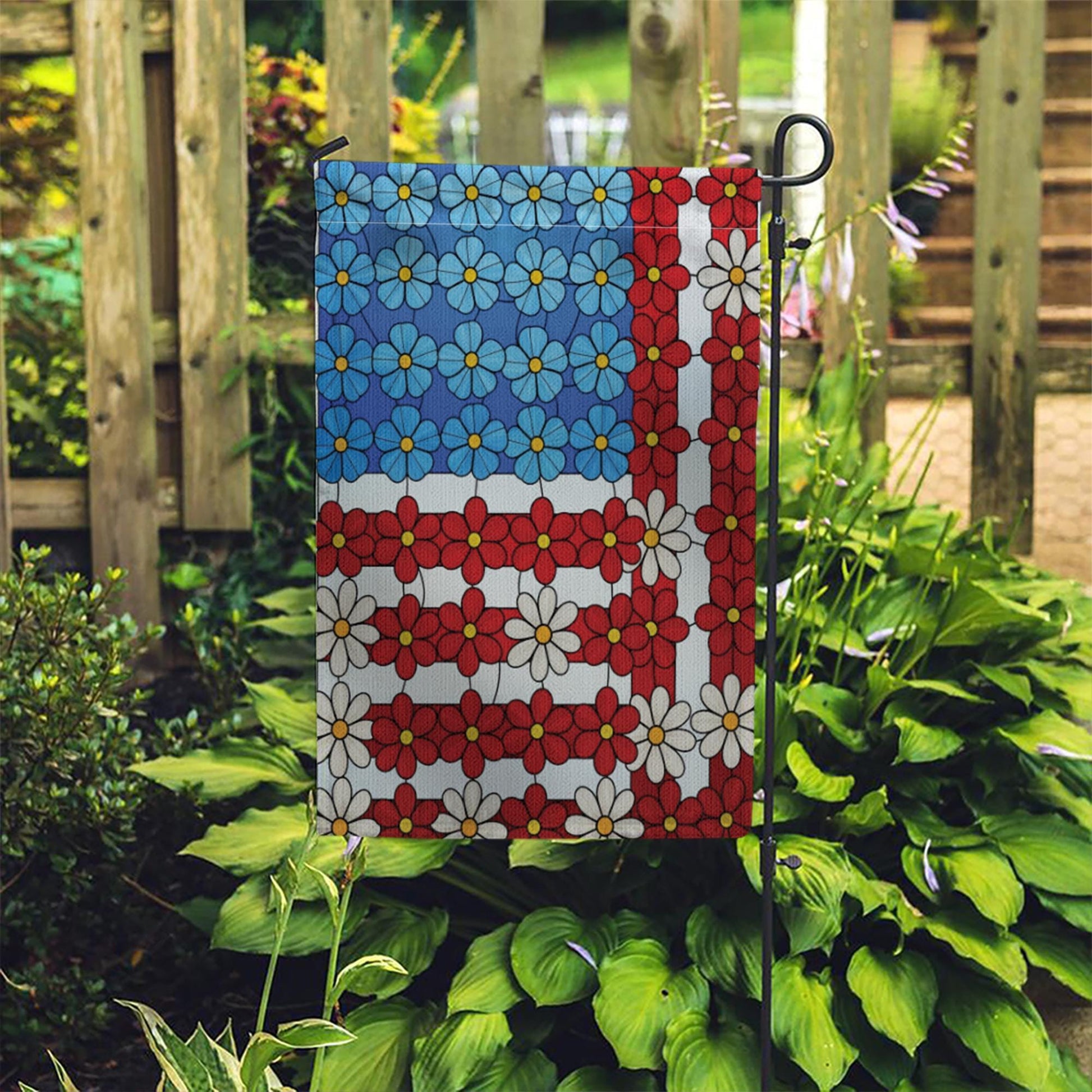 4th of July Floral Garden Flag | Patriotic Outdoor Yard Banner | Red White Blue Flower American Flag | Summer Porch Decor