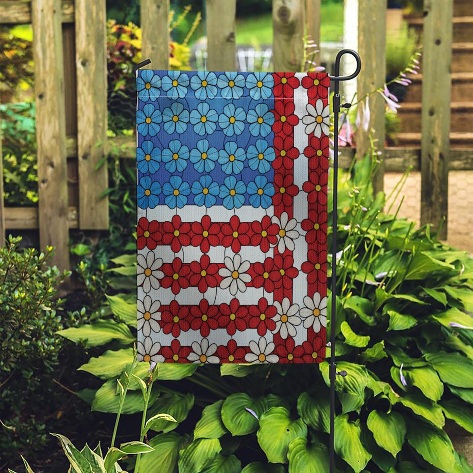 4th of July Floral Garden Flag | Patriotic Outdoor Yard Banner | Red White Blue Flower American Flag | Summer Porch Decor