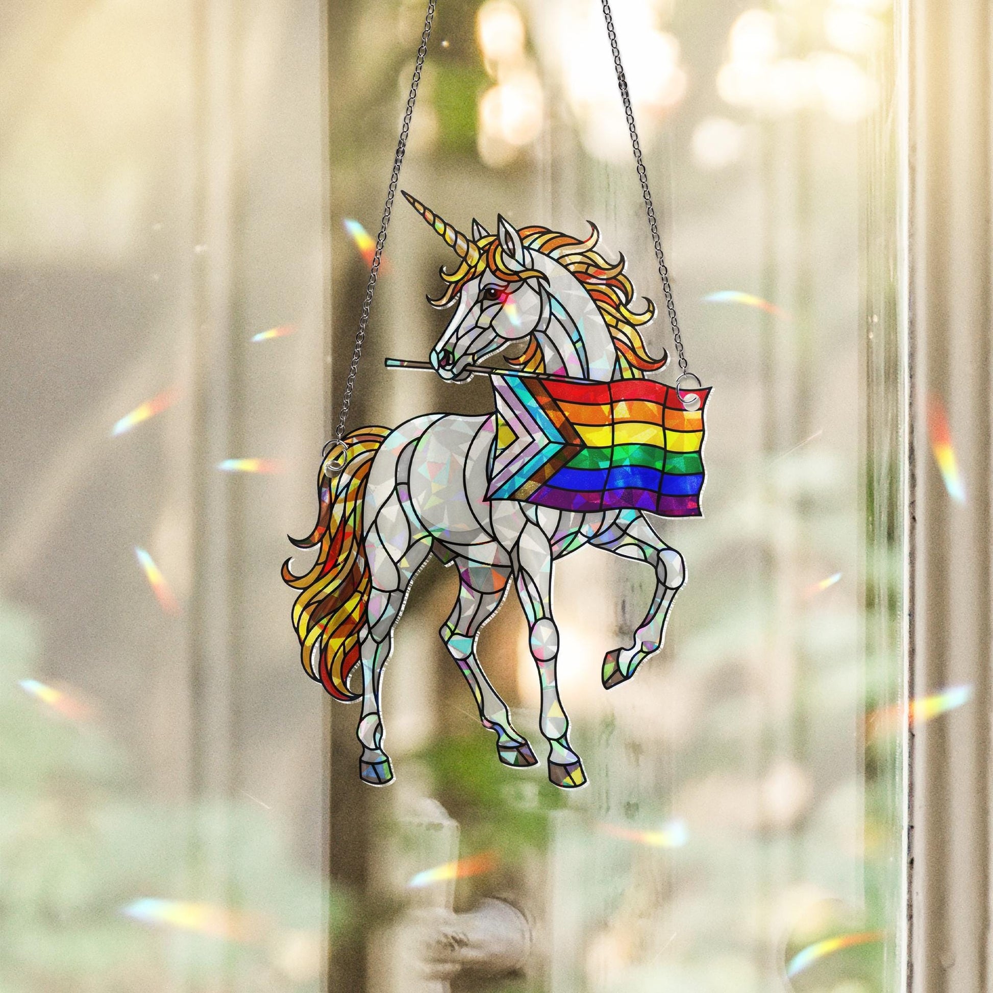 Rainbow Unicorn Pride ACRYLIC Hologram Ornament, LGBTQ+ Decor with Progress Flag Window Hanging, Magical Window Hanging, Pride Month Gift