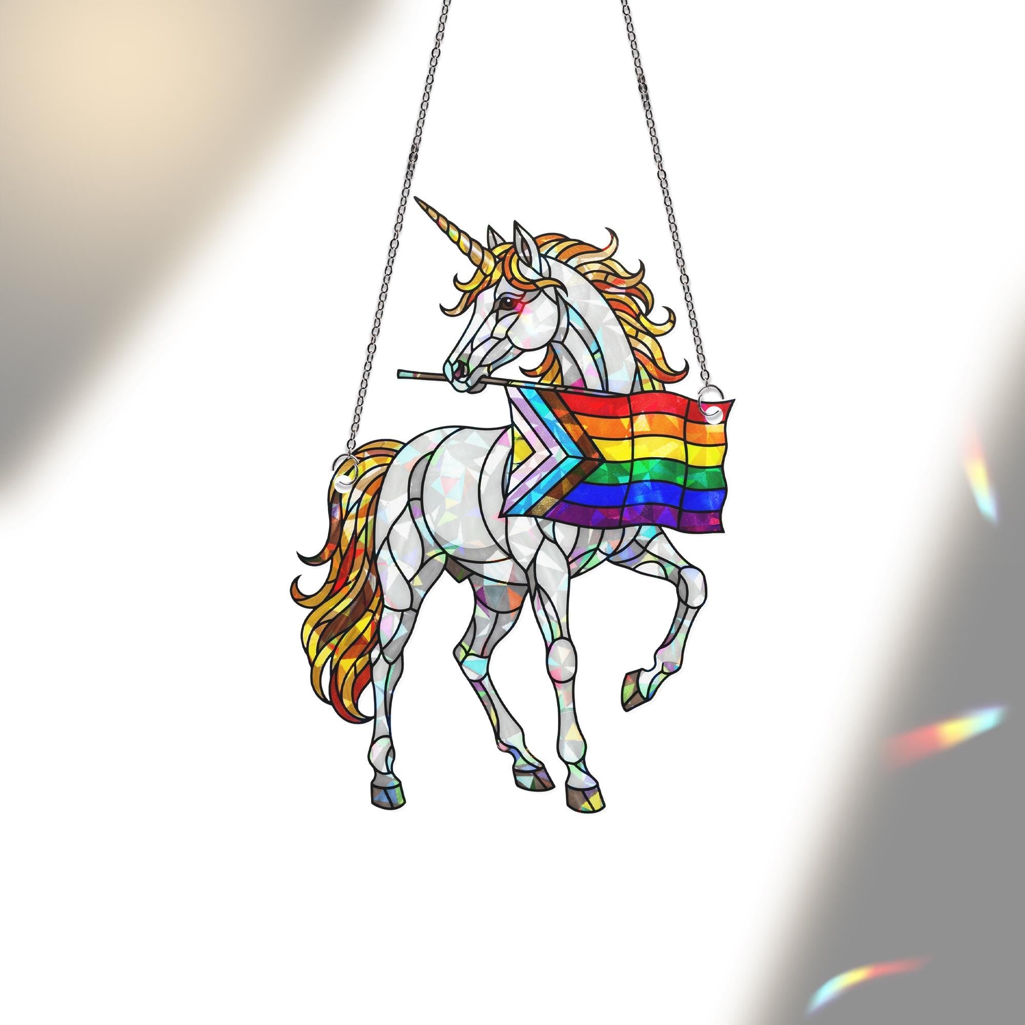 Rainbow Unicorn Pride ACRYLIC Hologram Ornament, LGBTQ+ Decor with Progress Flag Window Hanging, Magical Window Hanging, Pride Month Gift