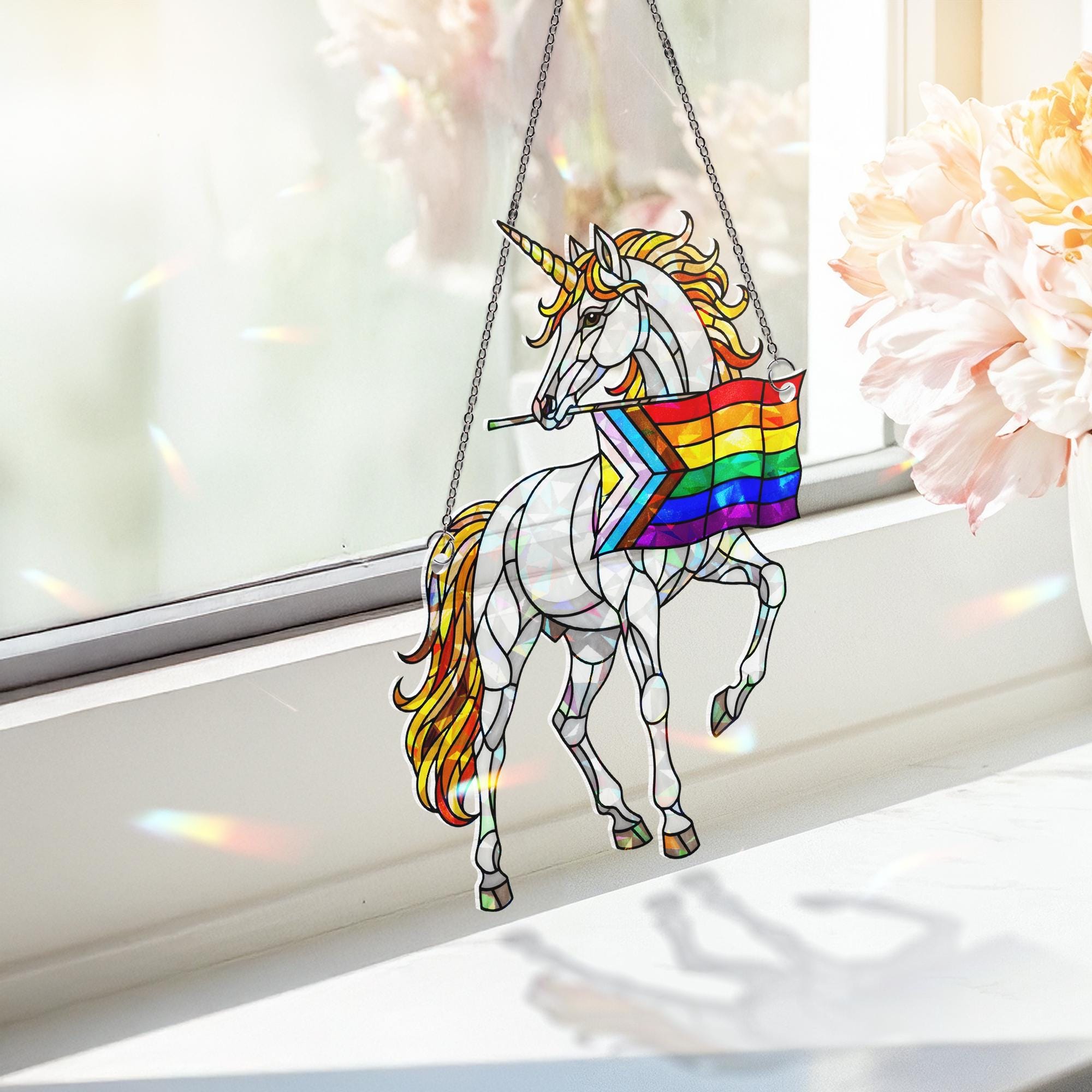 Rainbow Unicorn Pride ACRYLIC Hologram Ornament, LGBTQ+ Decor with Progress Flag Window Hanging, Magical Window Hanging, Pride Month Gift