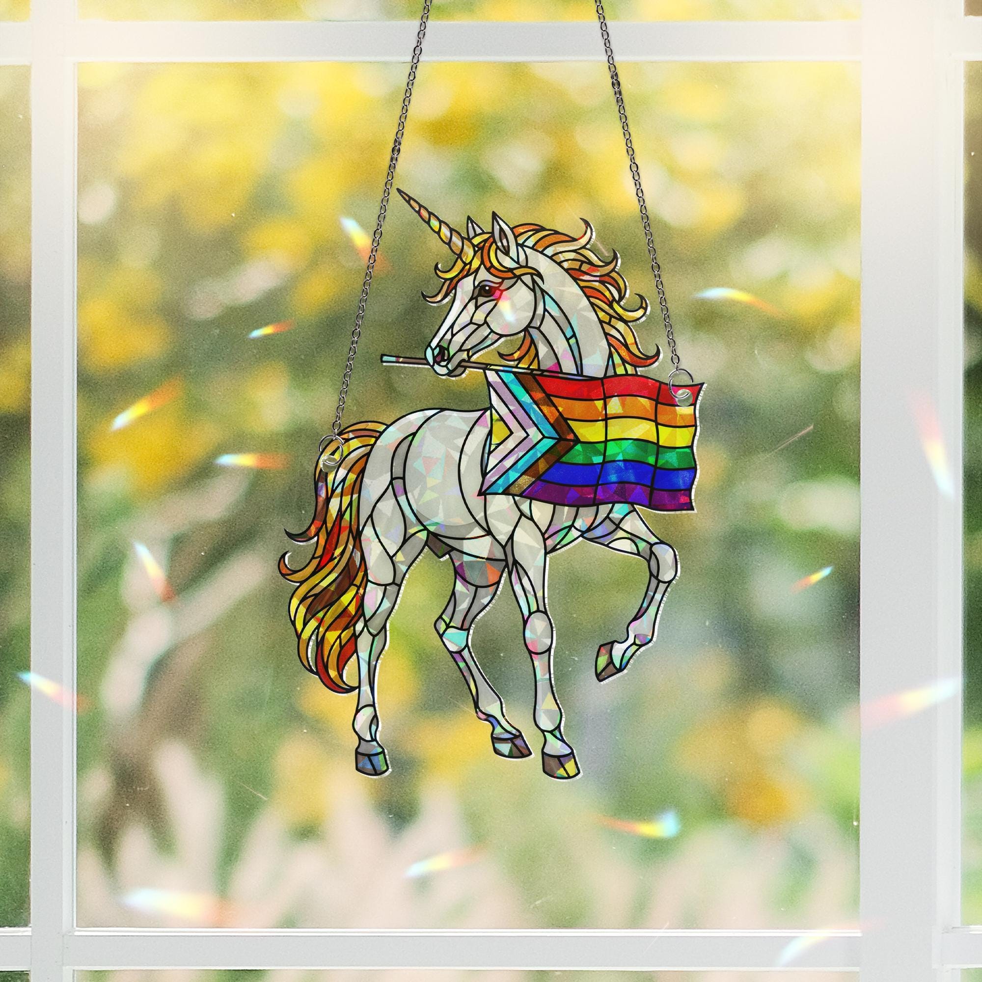 Rainbow Unicorn Pride ACRYLIC Hologram Ornament, LGBTQ+ Decor with Progress Flag Window Hanging, Magical Window Hanging, Pride Month Gift