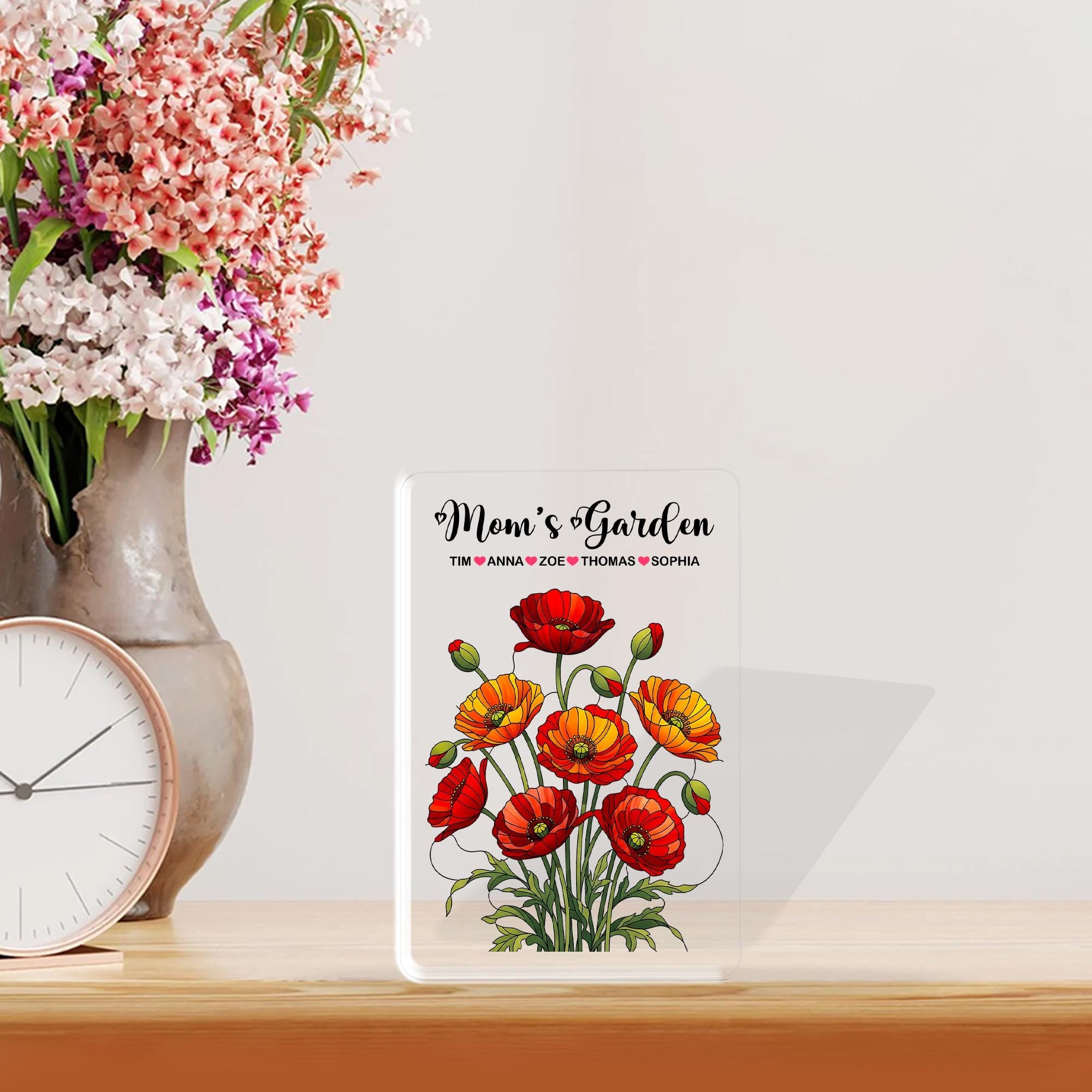 Personalized Mom's Garden Poppy Floral Acrylic Plaque, Custom Kids Names Gift for Mom Grandma, Mother's Day, August Birthday Keepsake Decor
