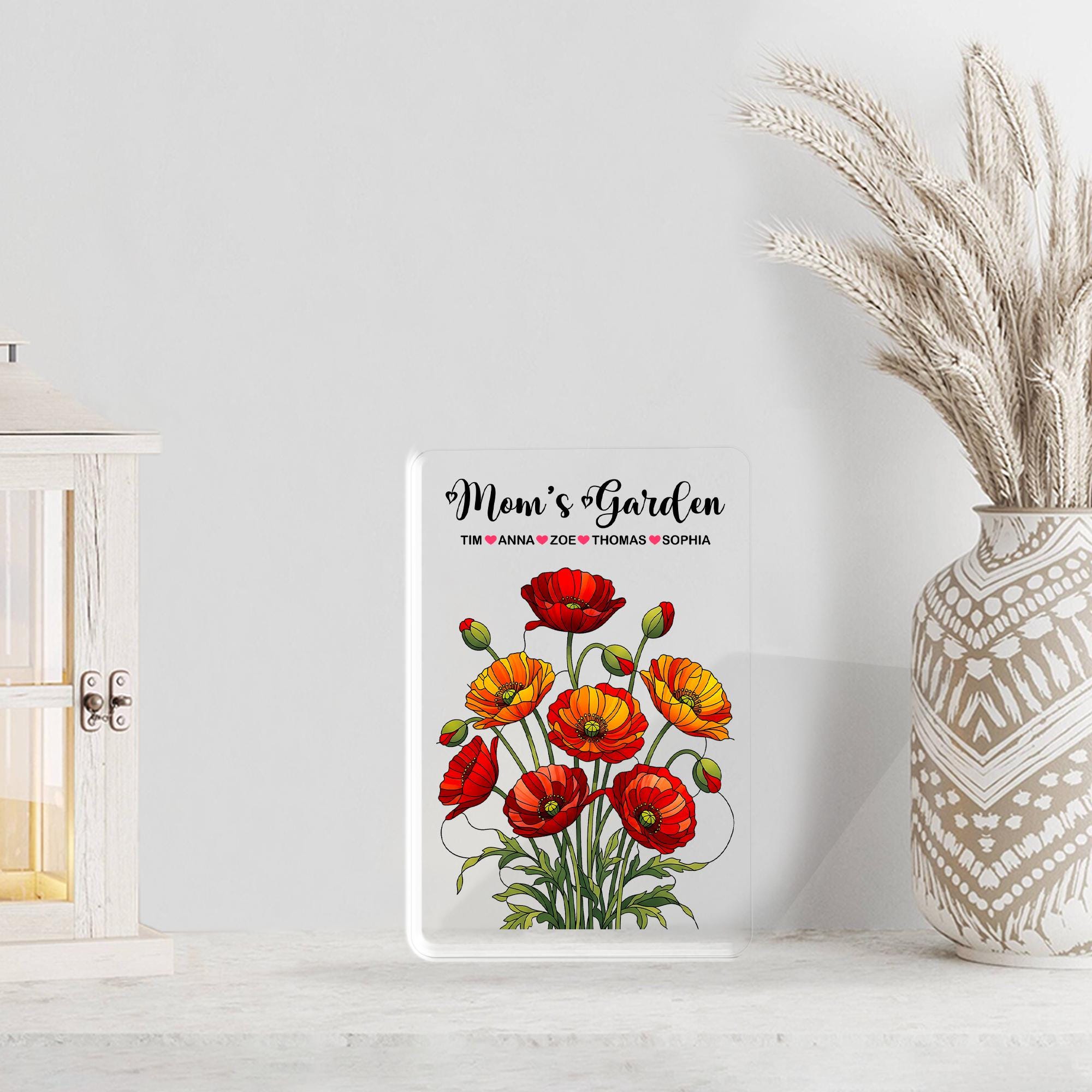 Personalized Mom's Garden Poppy Floral Acrylic Plaque, Custom Kids Names Gift for Mom Grandma, Mother's Day, August Birthday Keepsake Decor