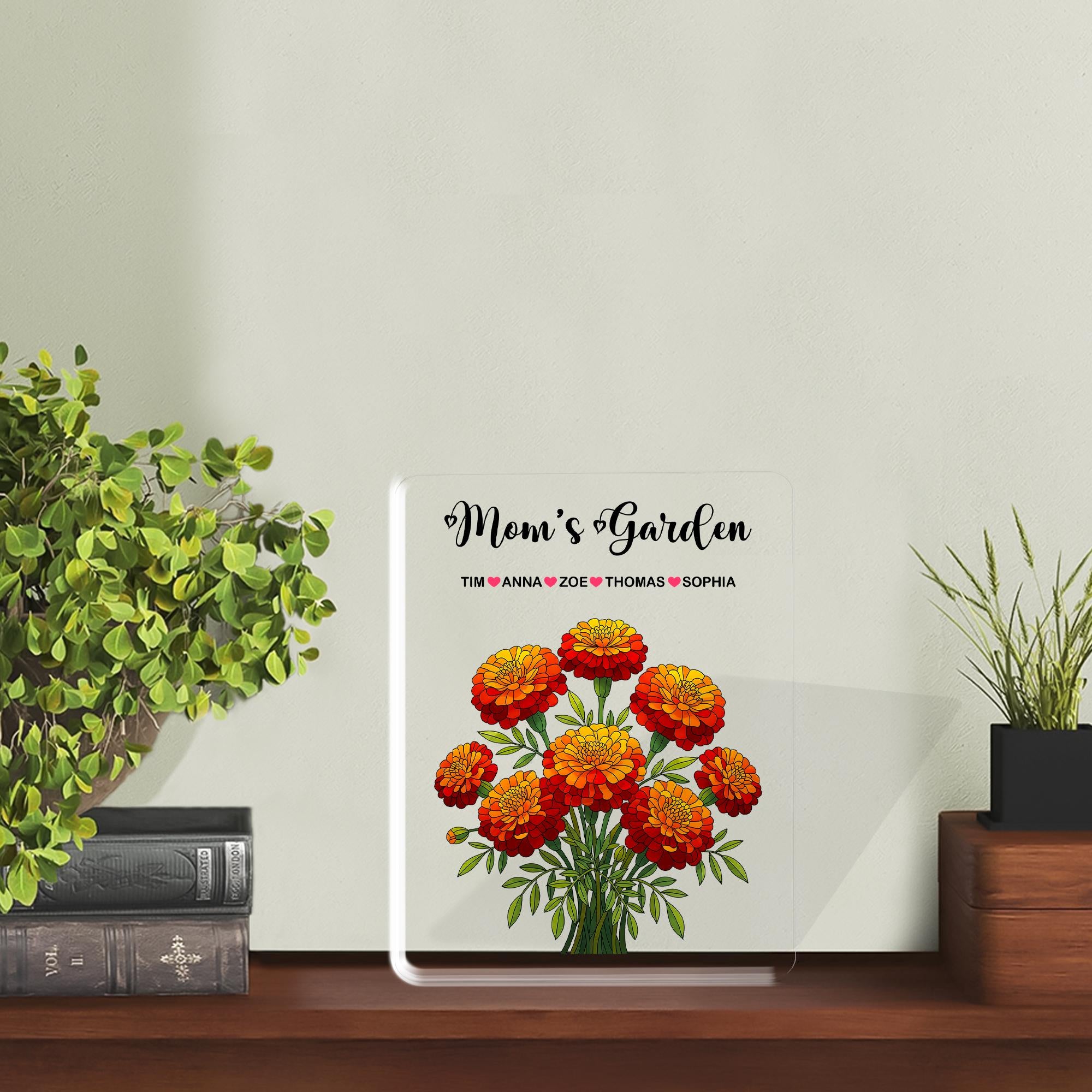 Personalized Mom's Garden Marigold Floral Acrylic Plaque, Custom Kids Names Gift for Mom Grandma, Mother's Day, Marigold Birthday Keepsake