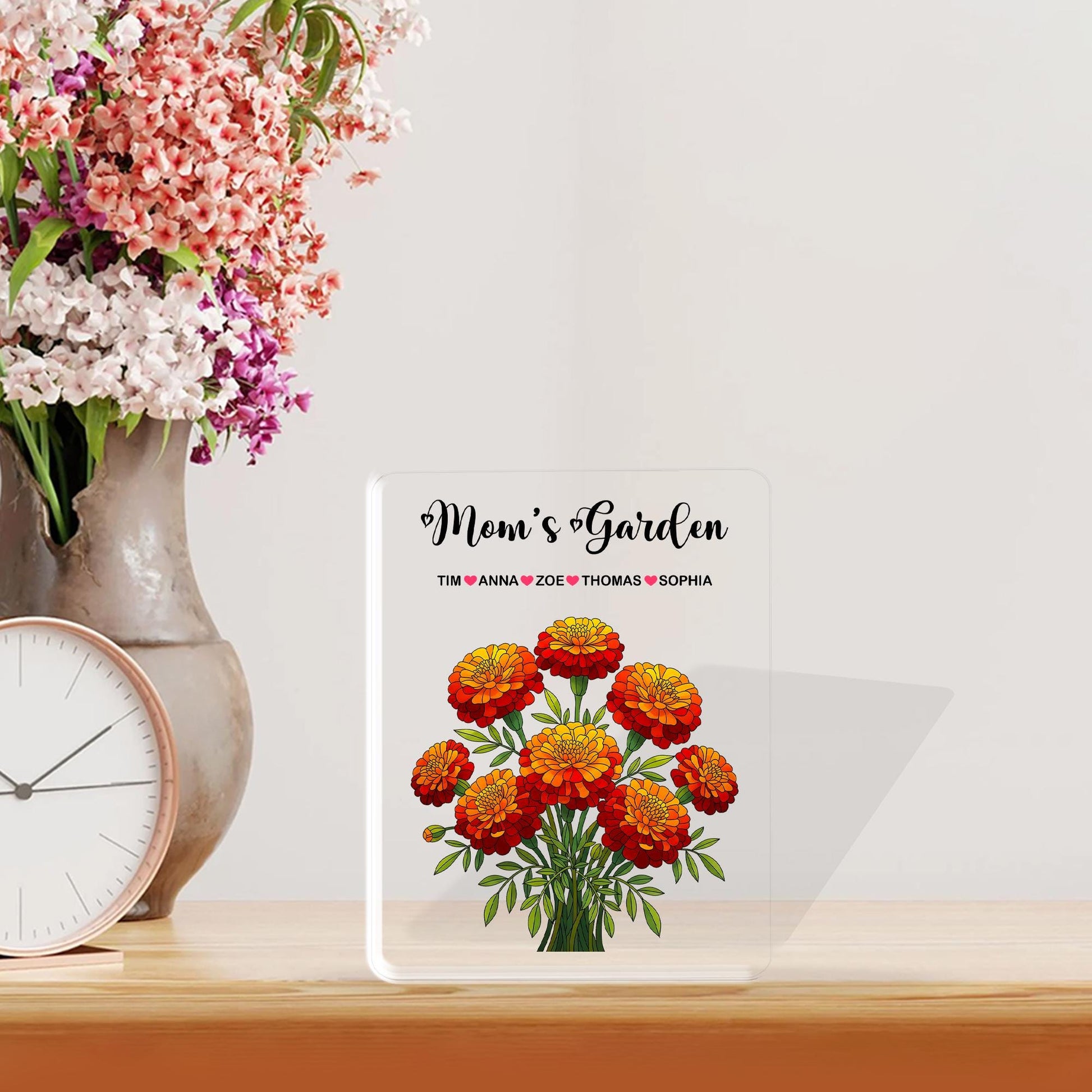Personalized Mom's Garden Marigold Floral Acrylic Plaque, Custom Kids Names Gift for Mom Grandma, Mother's Day, Marigold Birthday Keepsake