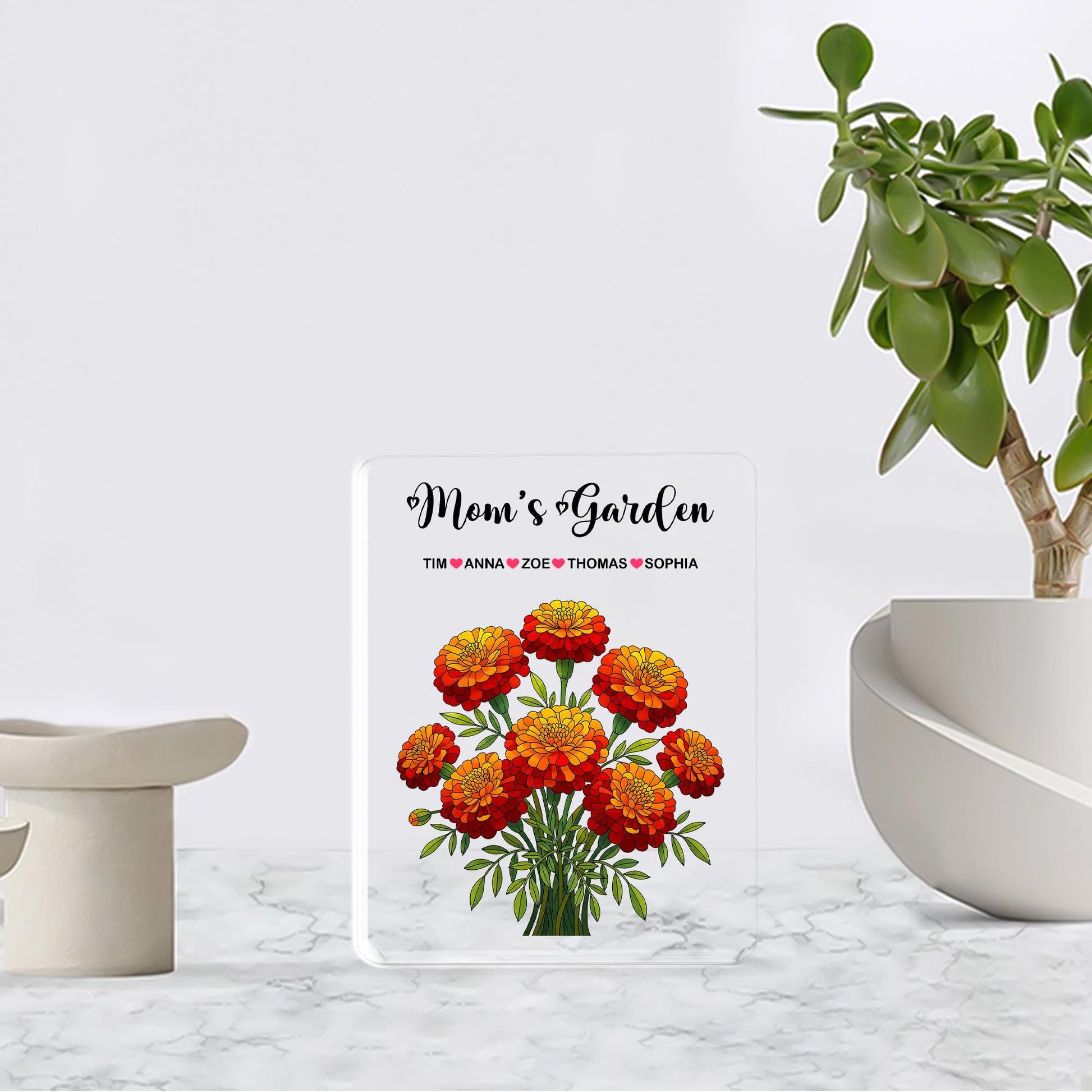 Personalized Mom's Garden Marigold Floral Acrylic Plaque, Custom Kids Names Gift for Mom Grandma, Mother's Day, Marigold Birthday Keepsake