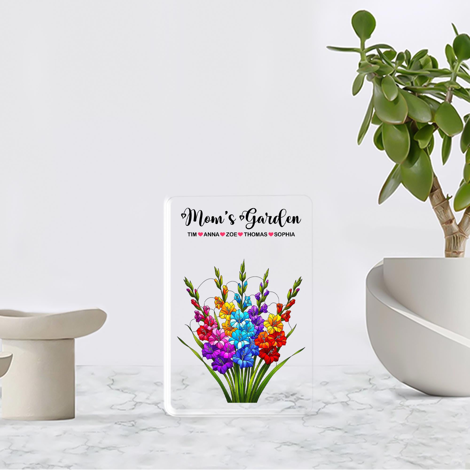 Personalized Mom's Garden Gladiolus Floral Acrylic Plaque, Custom Kids Names Gift for Mom Grandma, Mother's Day, August Birthday Keepsake