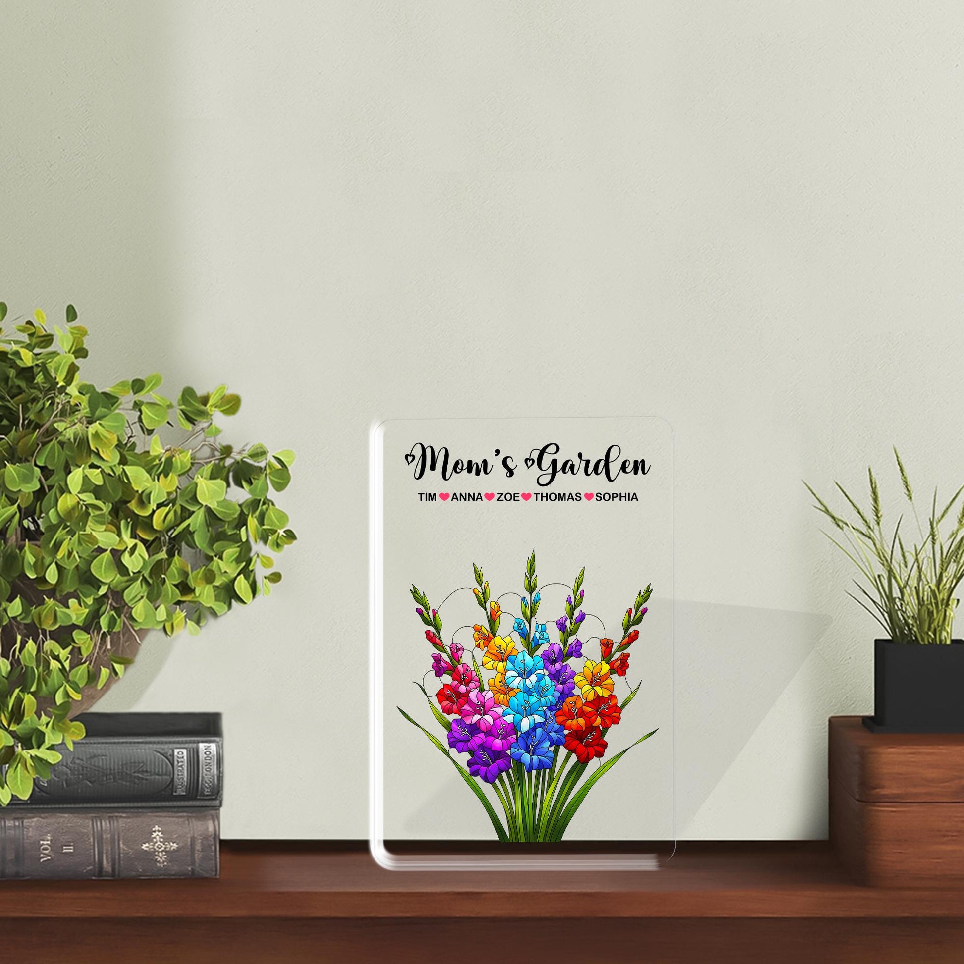 Personalized Mom's Garden Gladiolus Floral Acrylic Plaque, Custom Kids Names Gift for Mom Grandma, Mother's Day, August Birthday Keepsake