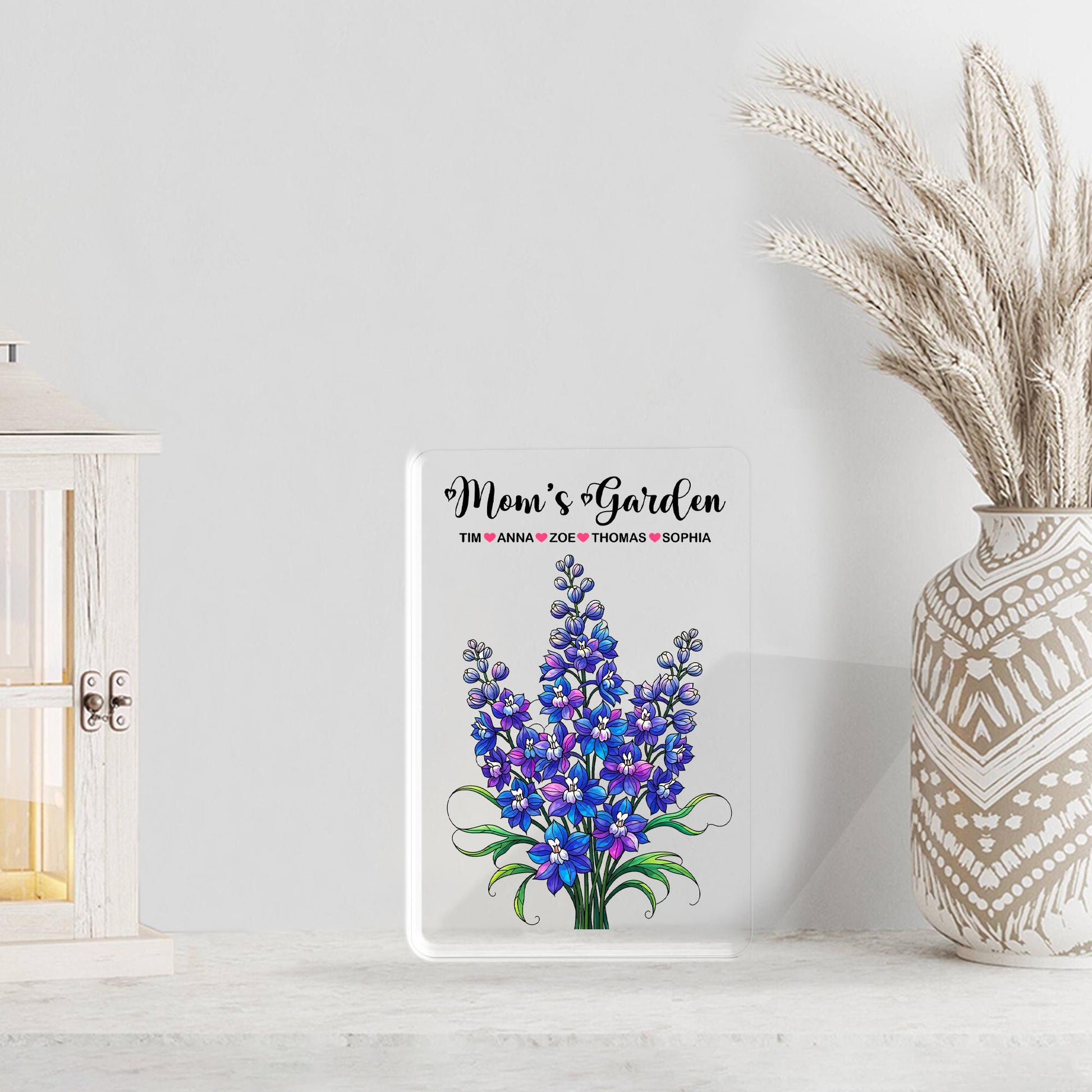 Personalized Mom's Garden Larkspur Floral Acrylic Plaque, Custom Kids Names Gift for Mom Grandma, Mother's Day, July Birthday Keepsake Decor