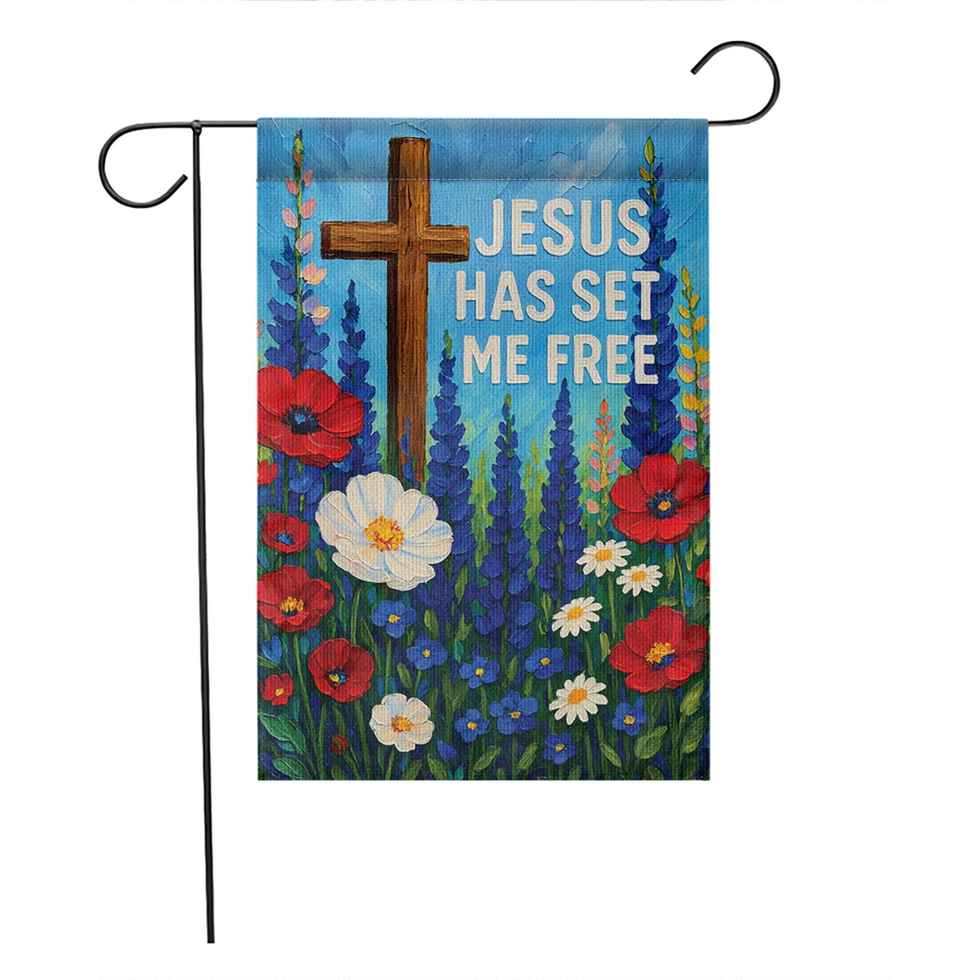 Jesus Has Set Me Free Garden Flag | Christian Floral Cross Outdoor Decor | Religious Yard Banner | Faith-Based Flag | Patriotic Wildflowers