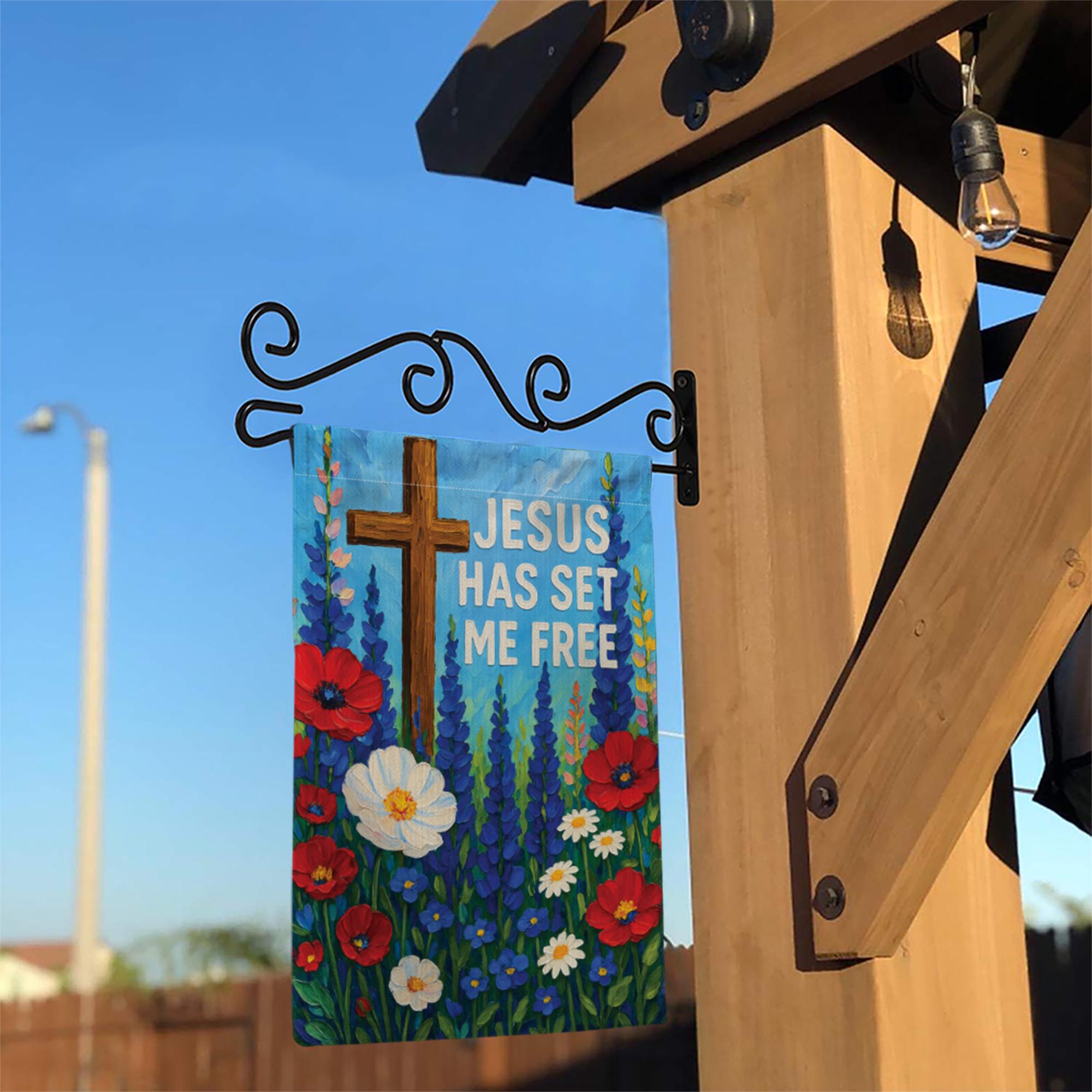 Jesus Has Set Me Free Garden Flag | Christian Floral Cross Outdoor Decor | Religious Yard Banner | Faith-Based Flag | Patriotic Wildflowers