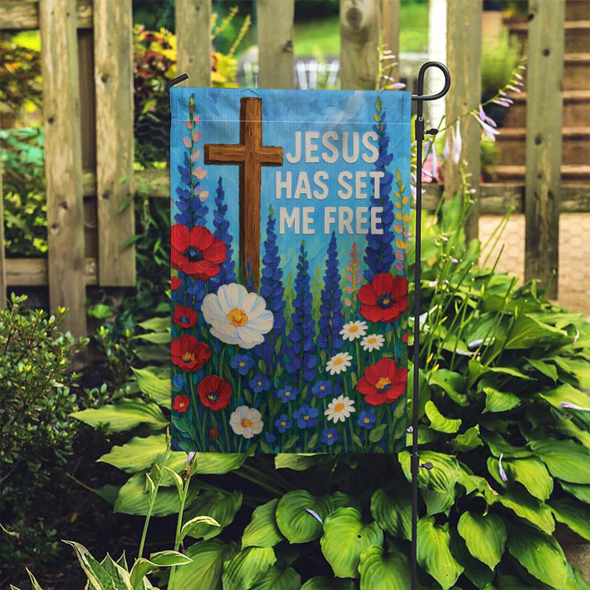 Jesus Has Set Me Free Garden Flag | Christian Floral Cross Outdoor Decor | Religious Yard Banner | Faith-Based Flag | Patriotic Wildflowers