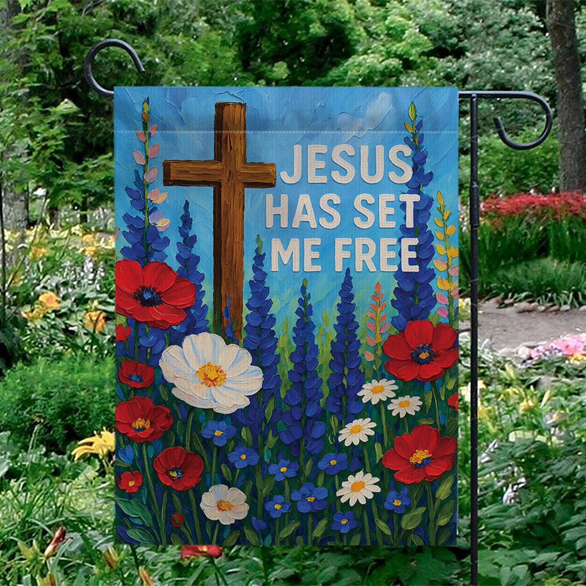 Jesus Has Set Me Free Garden Flag | Christian Floral Cross Outdoor Decor | Religious Yard Banner | Faith-Based Flag | Patriotic Wildflowers