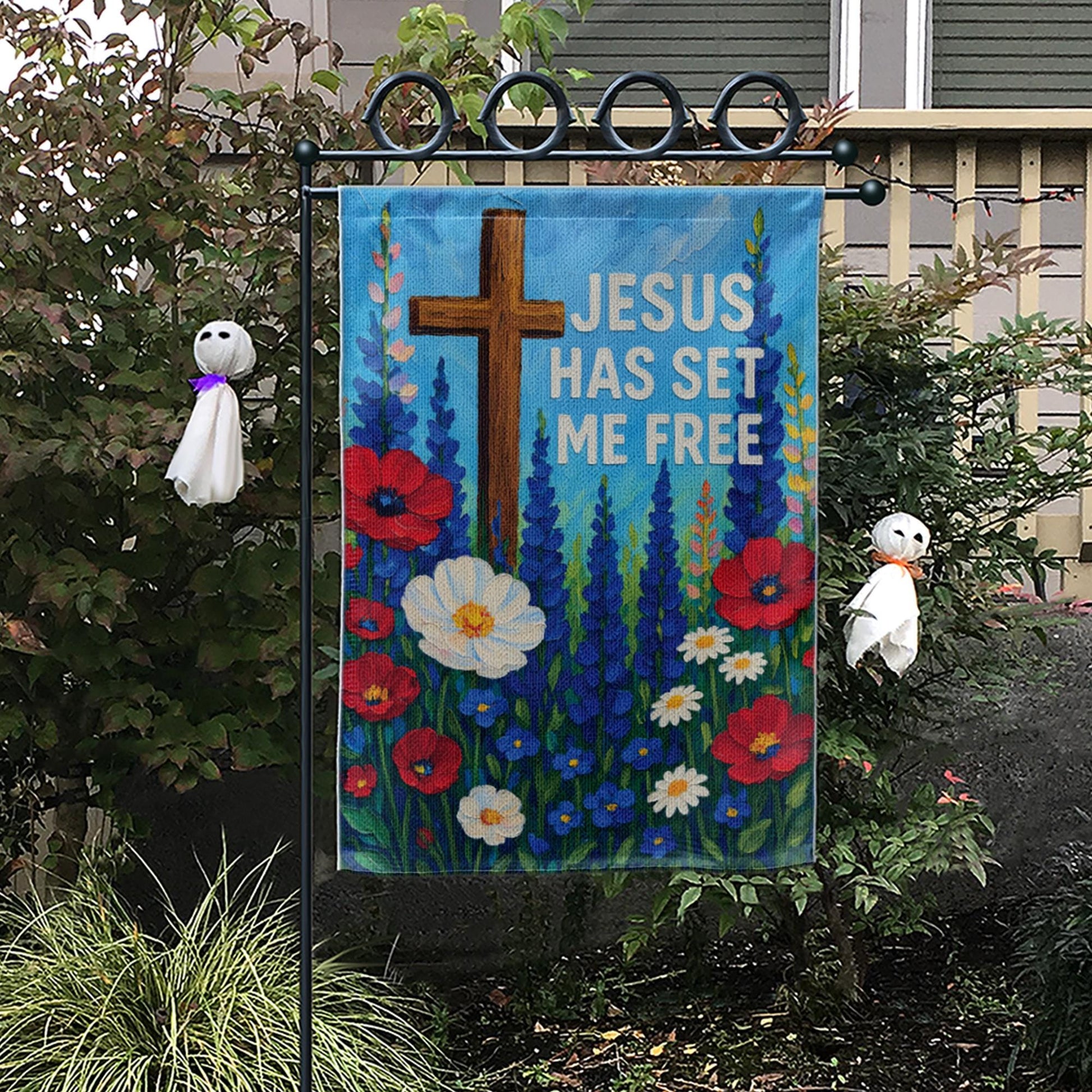 Jesus Has Set Me Free Garden Flag | Christian Floral Cross Outdoor Decor | Religious Yard Banner | Faith-Based Flag | Patriotic Wildflowers