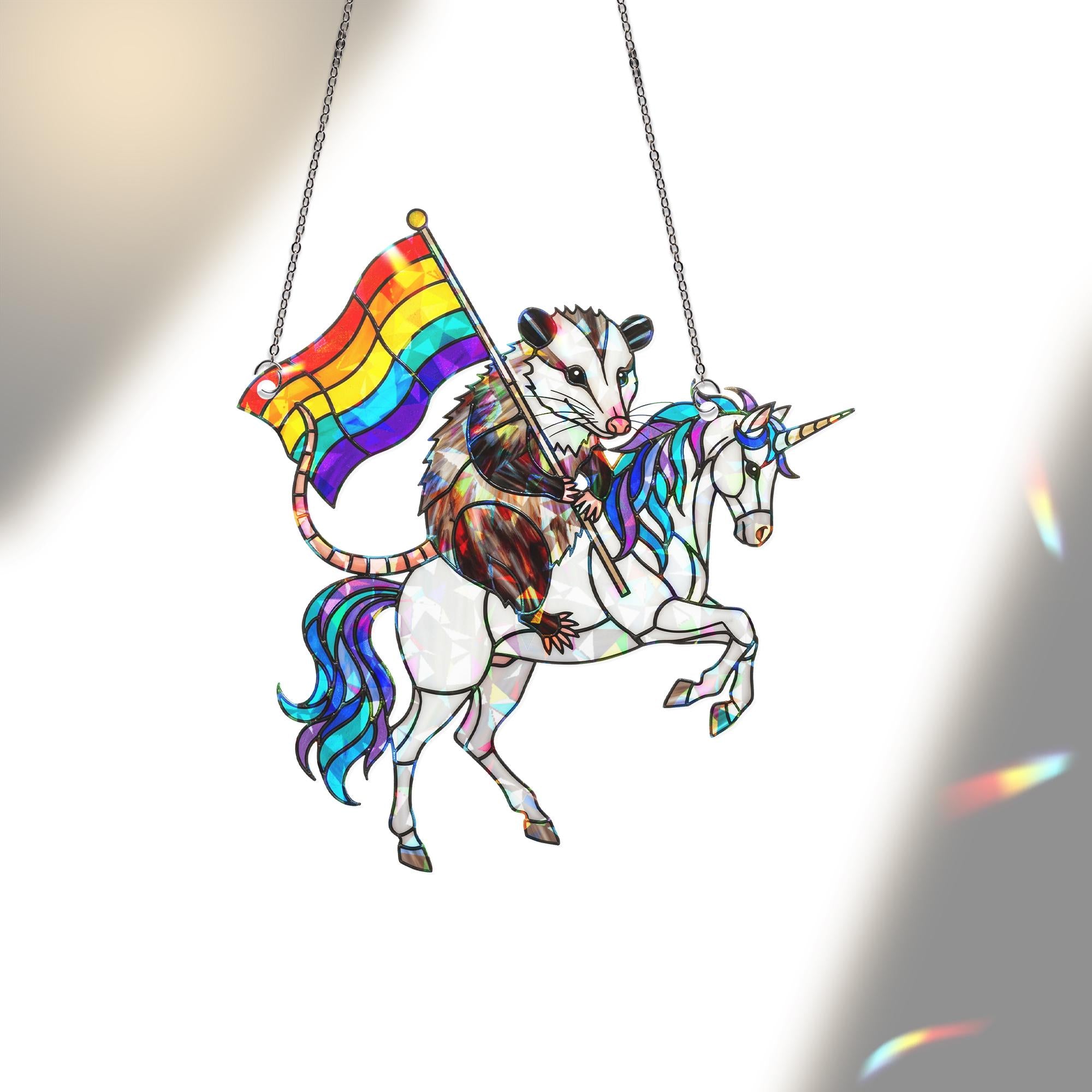 Pride Possum Unicorn Suncatcher | Holographic Acrylic Rainbow Window Decor | Funny LGBTQ+ Animal Gift | Queer Cottagecore Art