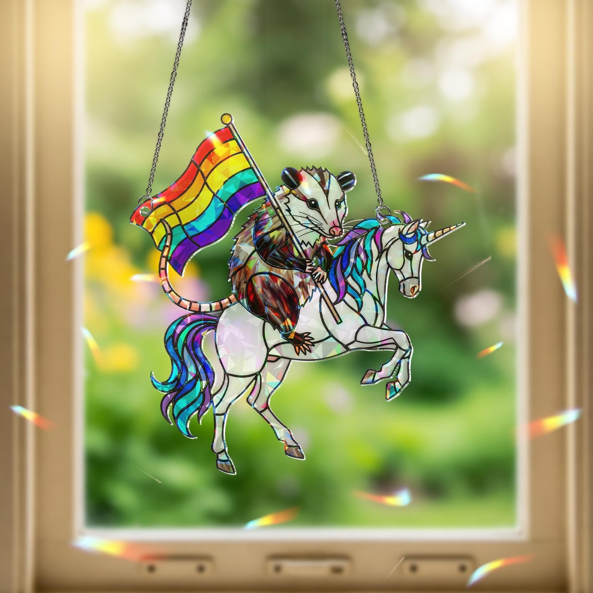 Pride Possum Unicorn Suncatcher | Holographic Acrylic Rainbow Window Decor | Funny LGBTQ+ Animal Gift | Queer Cottagecore Art