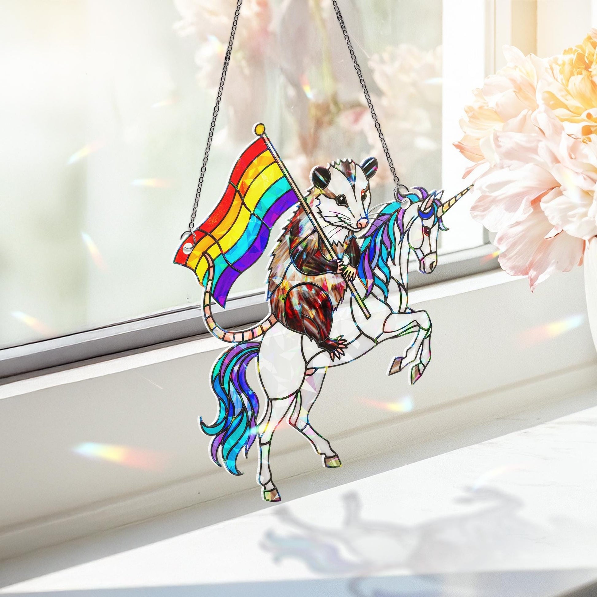 Pride Possum Unicorn Suncatcher | Holographic Acrylic Rainbow Window Decor | Funny LGBTQ+ Animal Gift | Queer Cottagecore Art