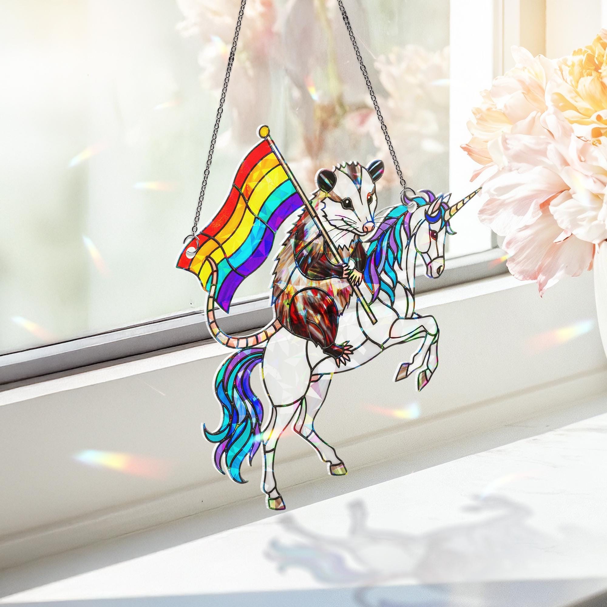 Pride Possum Unicorn Suncatcher | Holographic Acrylic Rainbow Window Decor | Funny LGBTQ+ Animal Gift | Queer Cottagecore Art