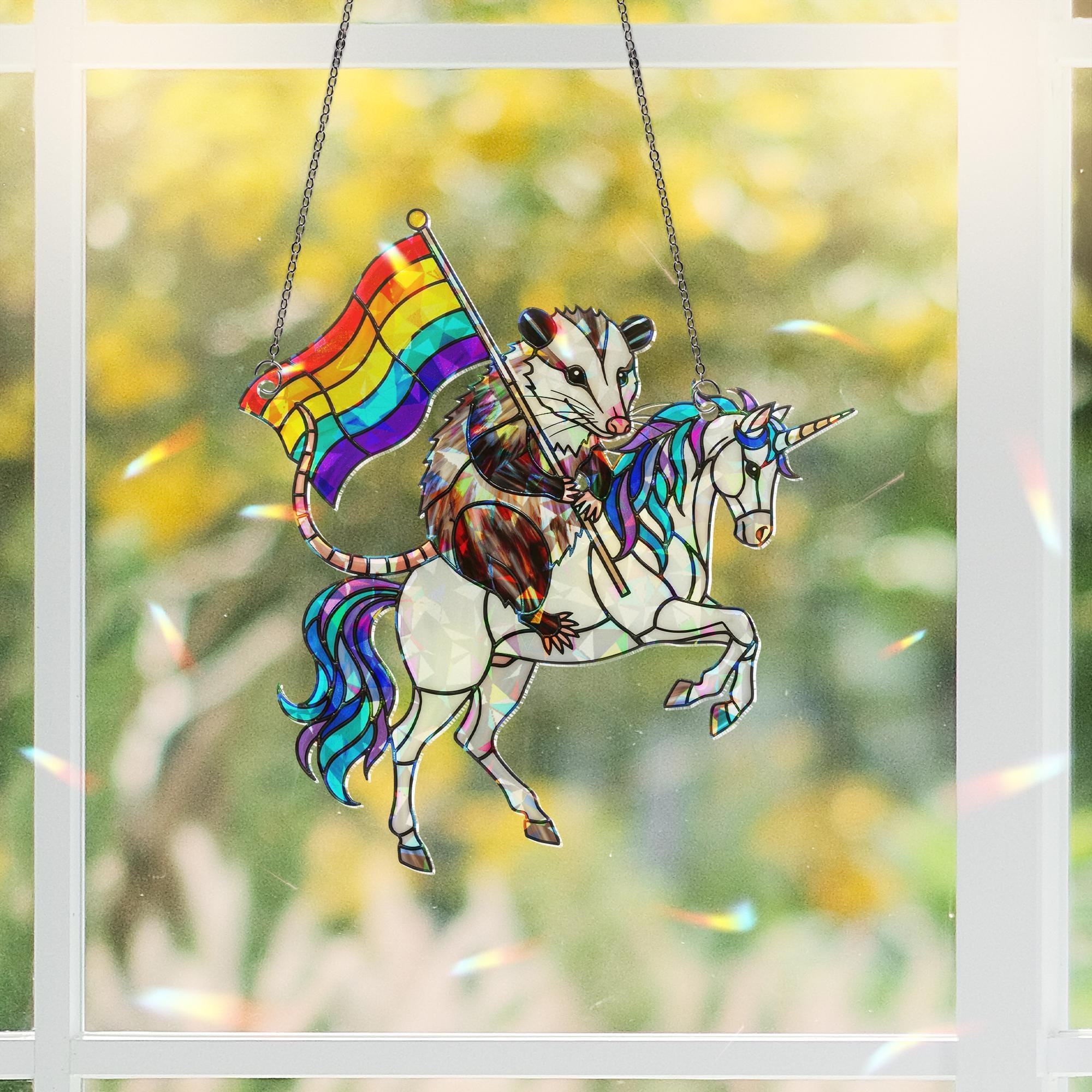 Pride Possum Unicorn Suncatcher | Holographic Acrylic Rainbow Window Decor | Funny LGBTQ+ Animal Gift | Queer Cottagecore Art