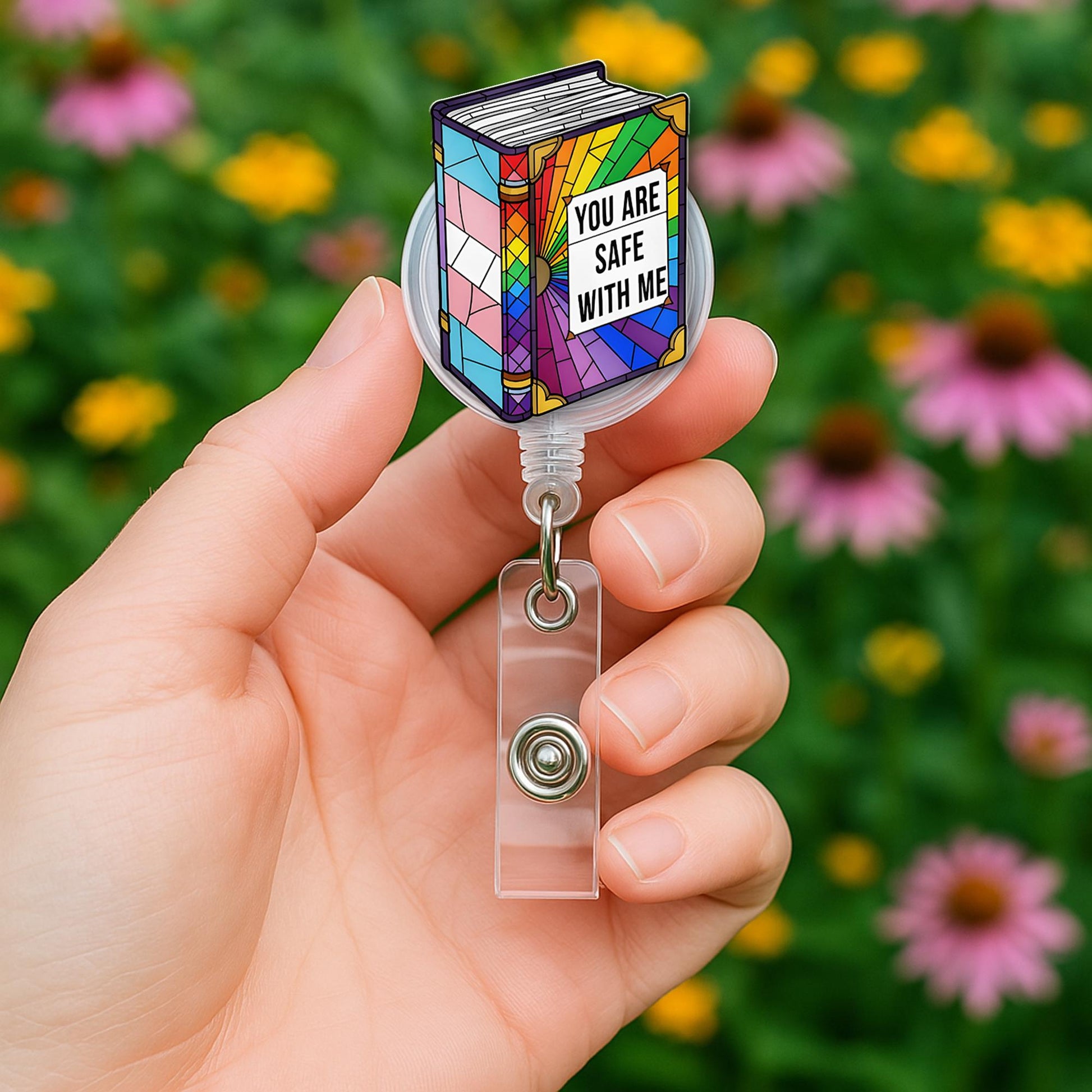 You Are Safe With Me Badge Reel, LGBTQ Book ID Holder, Pride Nurse Badge Clip, Inclusive Teacher Badge, Rainbow Book Reel