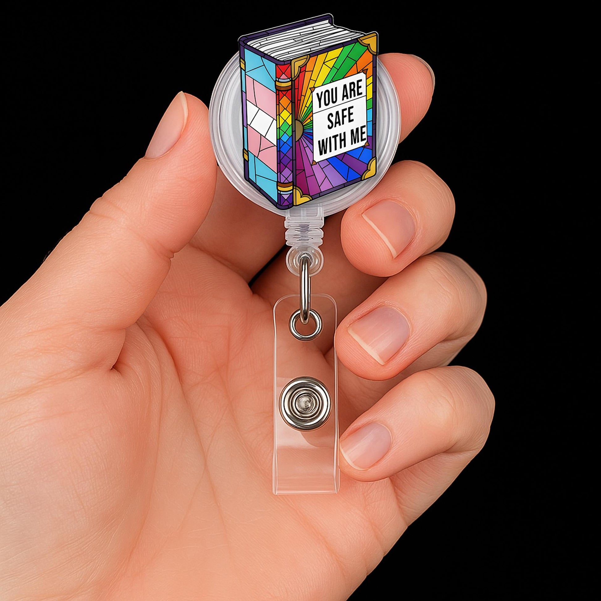 You Are Safe With Me Badge Reel, LGBTQ Book ID Holder, Pride Nurse Badge Clip, Inclusive Teacher Badge, Rainbow Book Reel