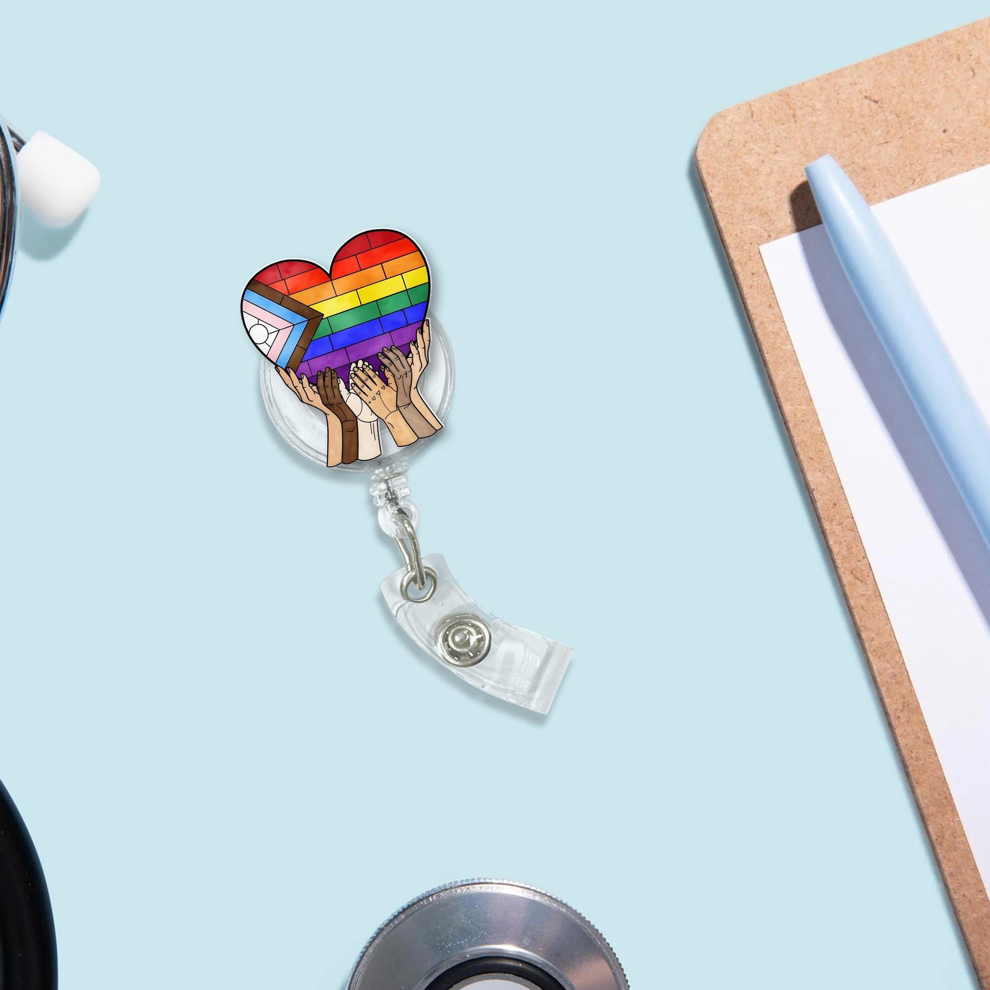 Inclusive Pride Badge Reel, Heart LGBTQ ID Clip, Rainbow Hands Badge Holder, Equality Nurse Badge, Diverse Love Retractable Reel