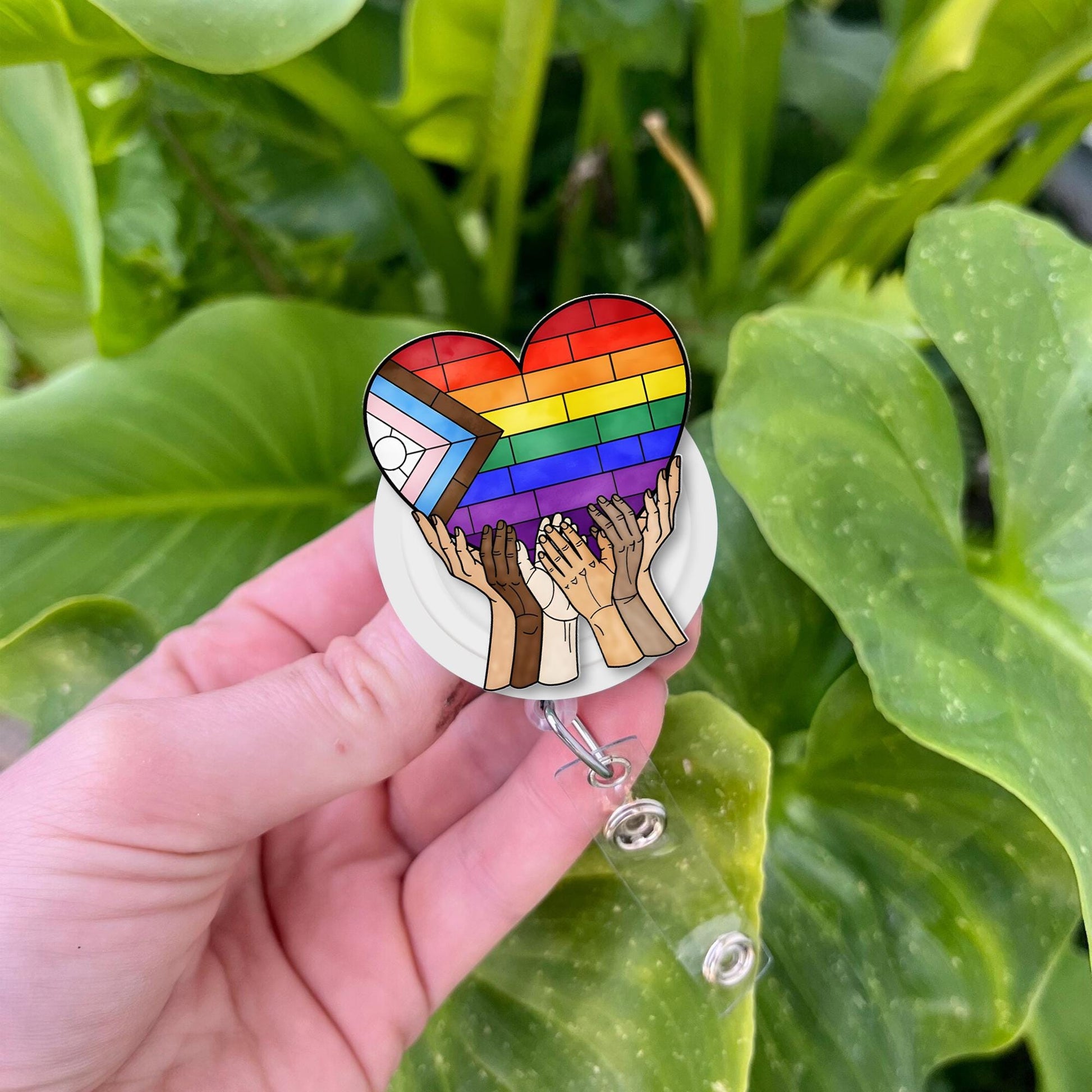 Inclusive Pride Badge Reel, Heart LGBTQ ID Clip, Rainbow Hands Badge Holder, Equality Nurse Badge, Diverse Love Retractable Reel