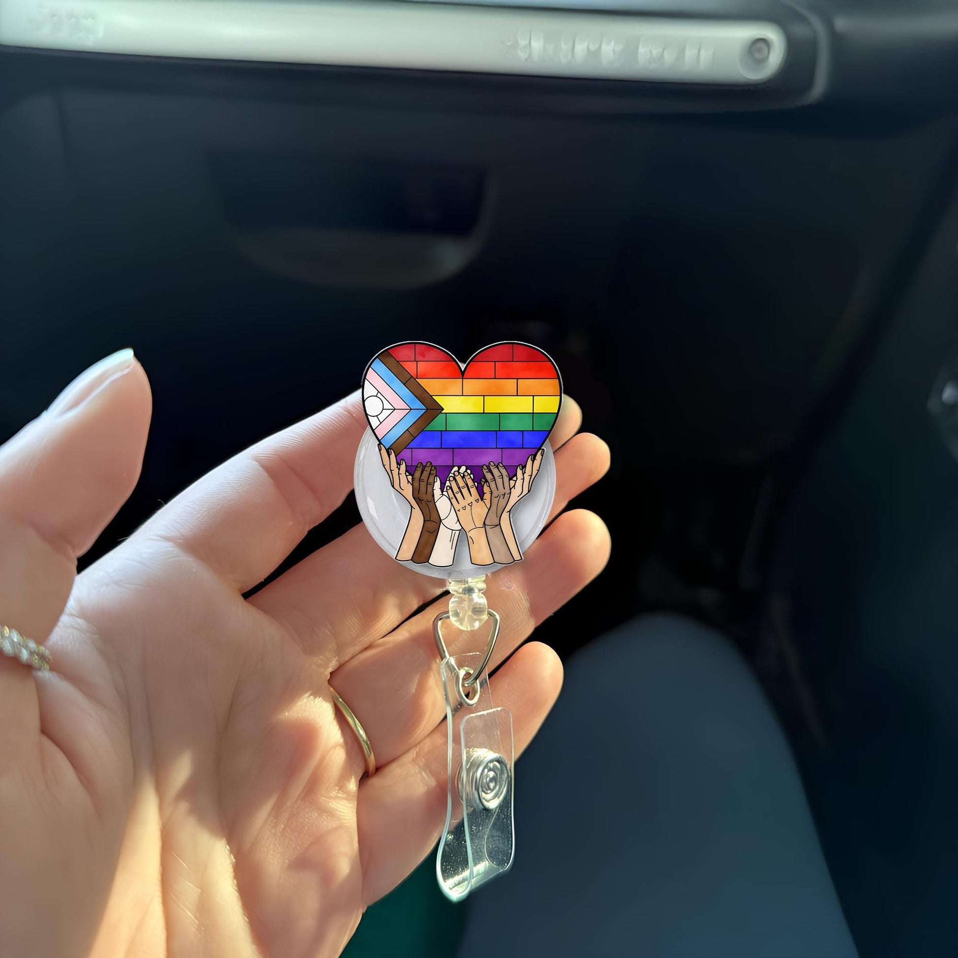 Inclusive Pride Badge Reel, Heart LGBTQ ID Clip, Rainbow Hands Badge Holder, Equality Nurse Badge, Diverse Love Retractable Reel