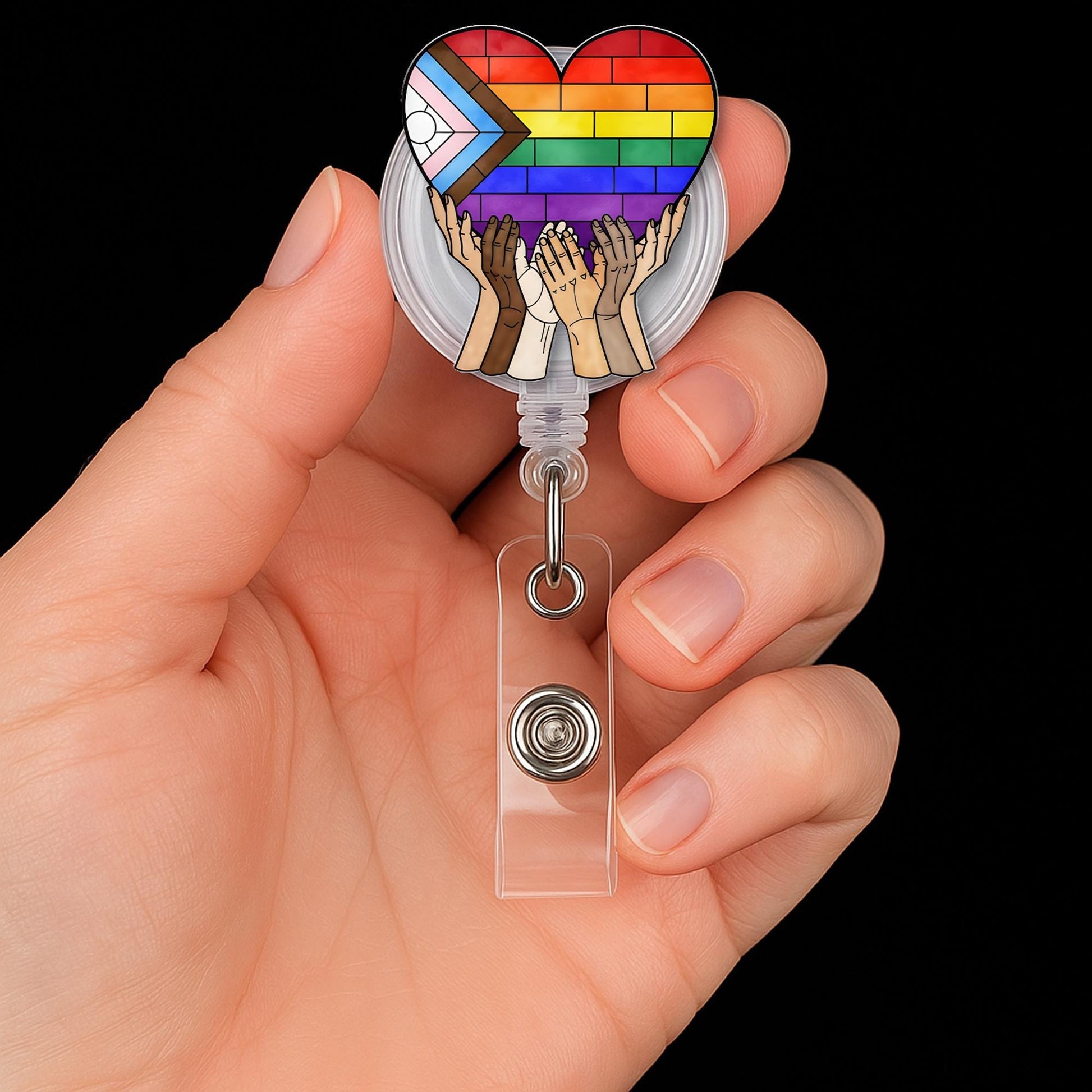 Inclusive Pride Badge Reel, Heart LGBTQ ID Clip, Rainbow Hands Badge Holder, Equality Nurse Badge, Diverse Love Retractable Reel