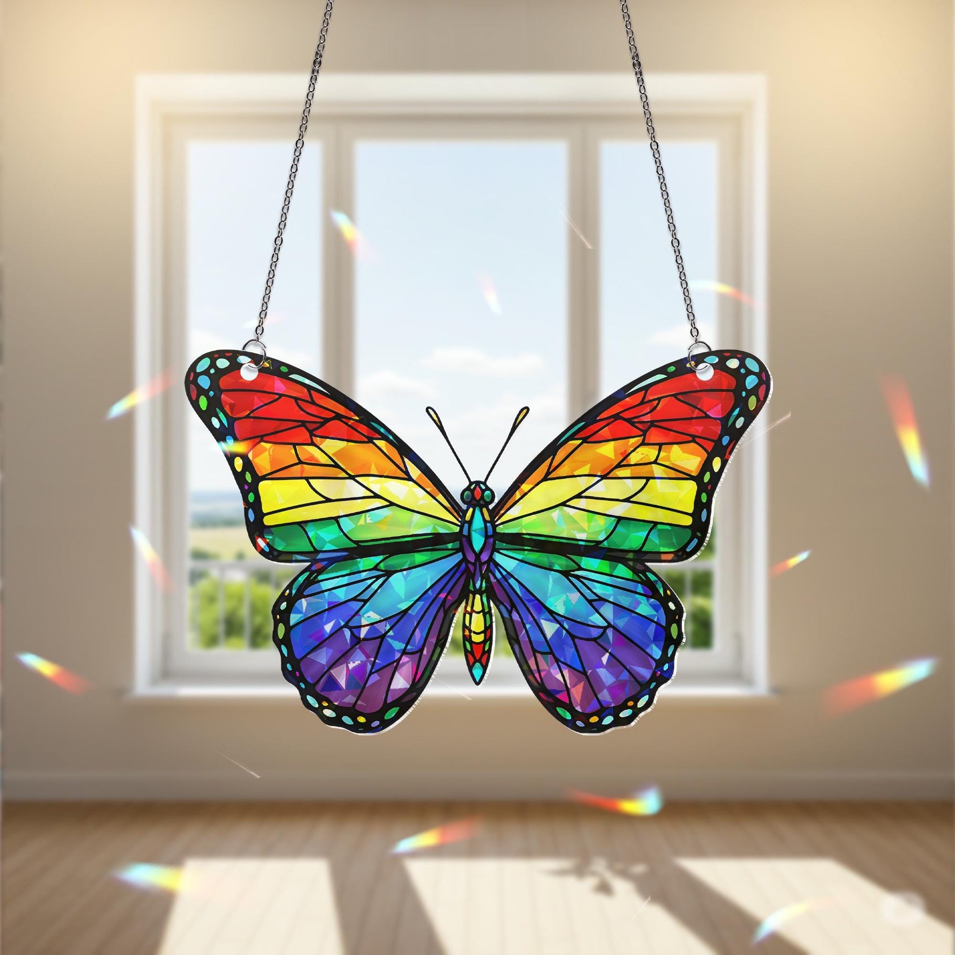 Rainbow Butterfly Suncatcher, Pride Window Decor, Holographic LGBT Butterfly, Stained Glass Style Hanging, Rainbow Prism Art