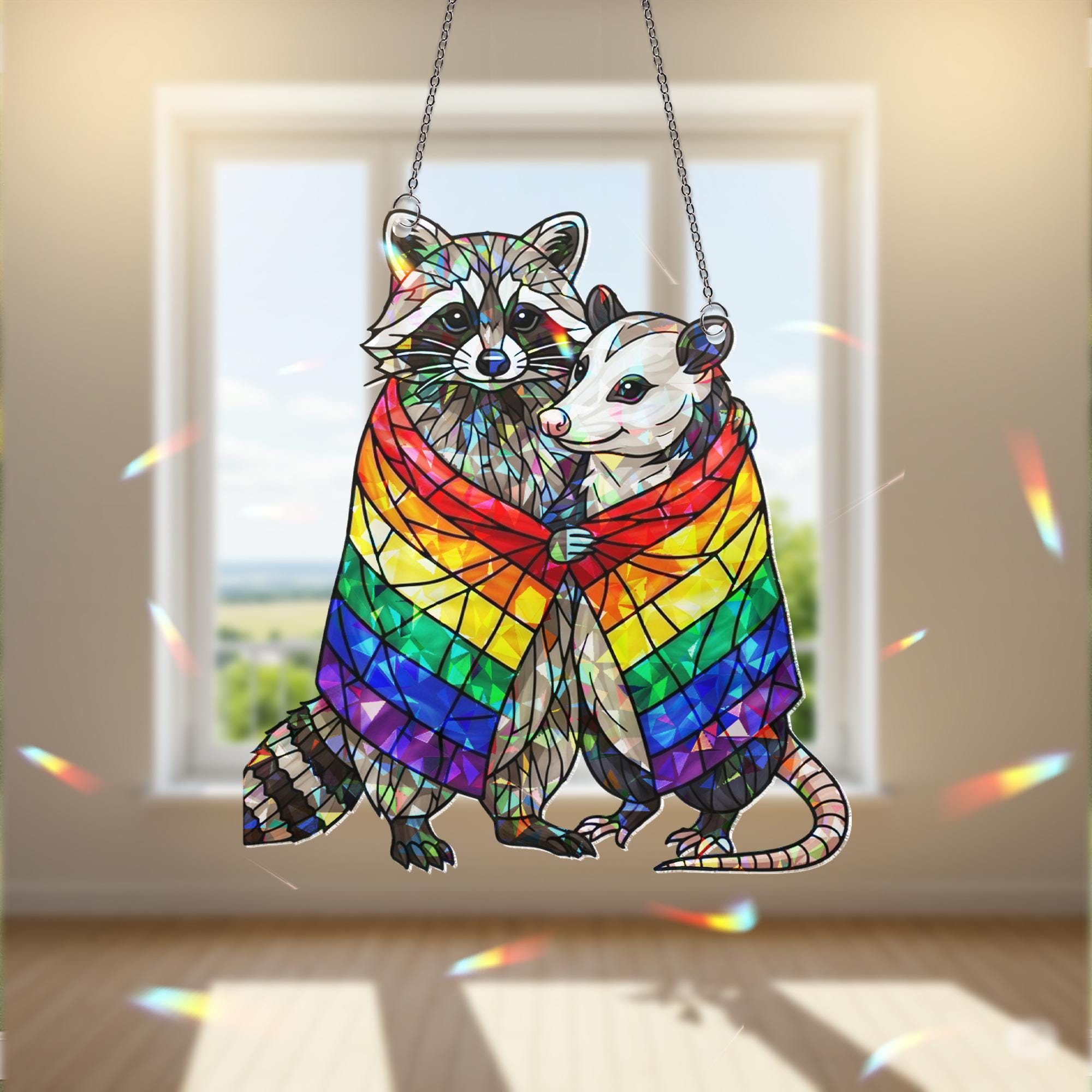 Pride Raccoon Hugging Possum Hologram Decor, Funny Lgbt Decor, Trash Panda Decor, Lgbt Animal Art, Funny Home Decor, Gift For Her