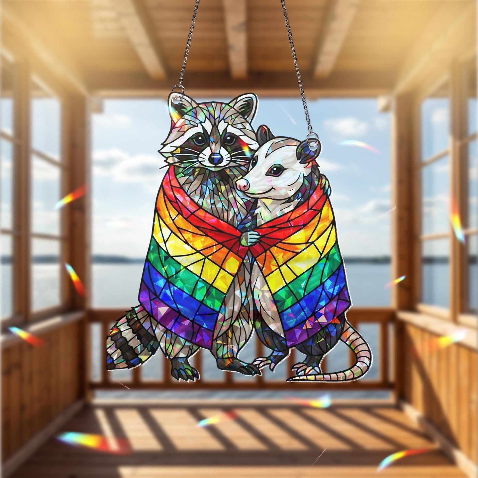 Pride Raccoon Hugging Possum Hologram Decor, Funny Lgbt Decor, Trash Panda Decor, Lgbt Animal Art, Funny Home Decor, Gift For Her