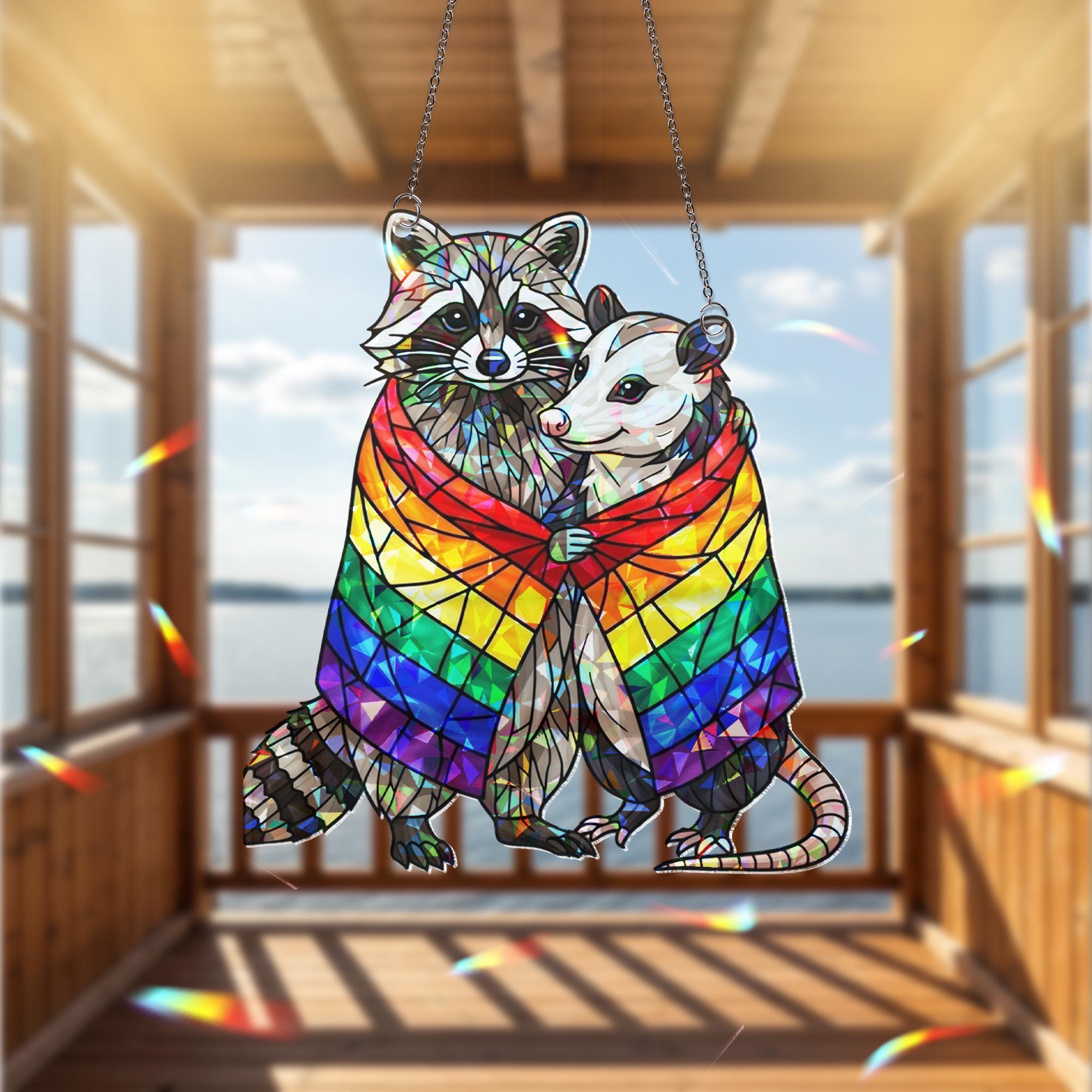 Pride Raccoon Hugging Possum Hologram Decor, Funny Lgbt Decor, Trash Panda Decor, Lgbt Animal Art, Funny Home Decor, Gift For Her