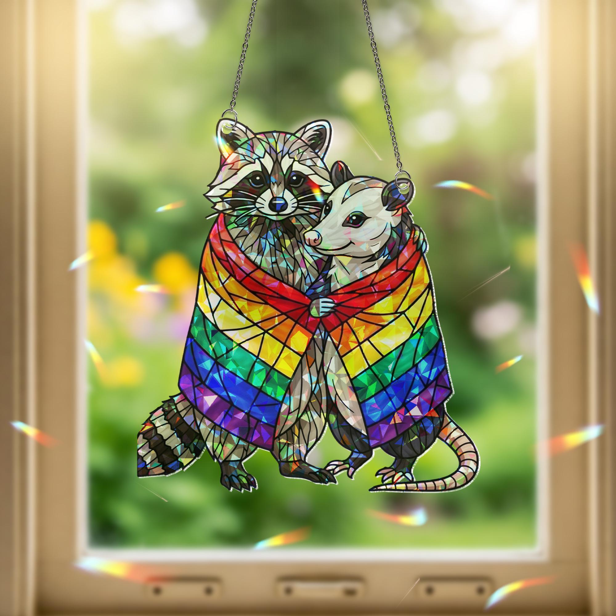 Pride Raccoon Hugging Possum Hologram Decor, Funny Lgbt Decor, Trash Panda Decor, Lgbt Animal Art, Funny Home Decor, Gift For Her