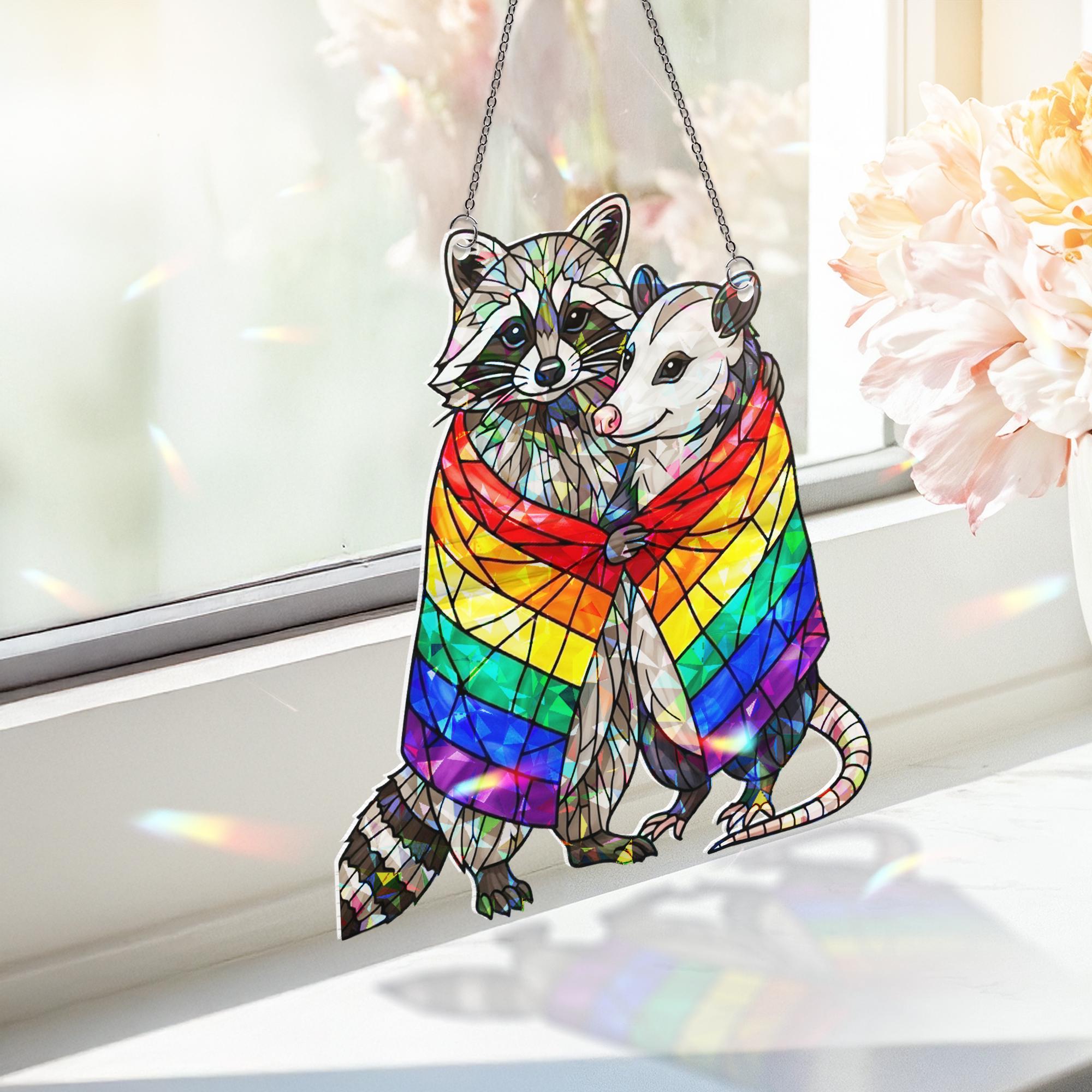 Pride Raccoon Hugging Possum Hologram Decor, Funny Lgbt Decor, Trash Panda Decor, Lgbt Animal Art, Funny Home Decor, Gift For Her