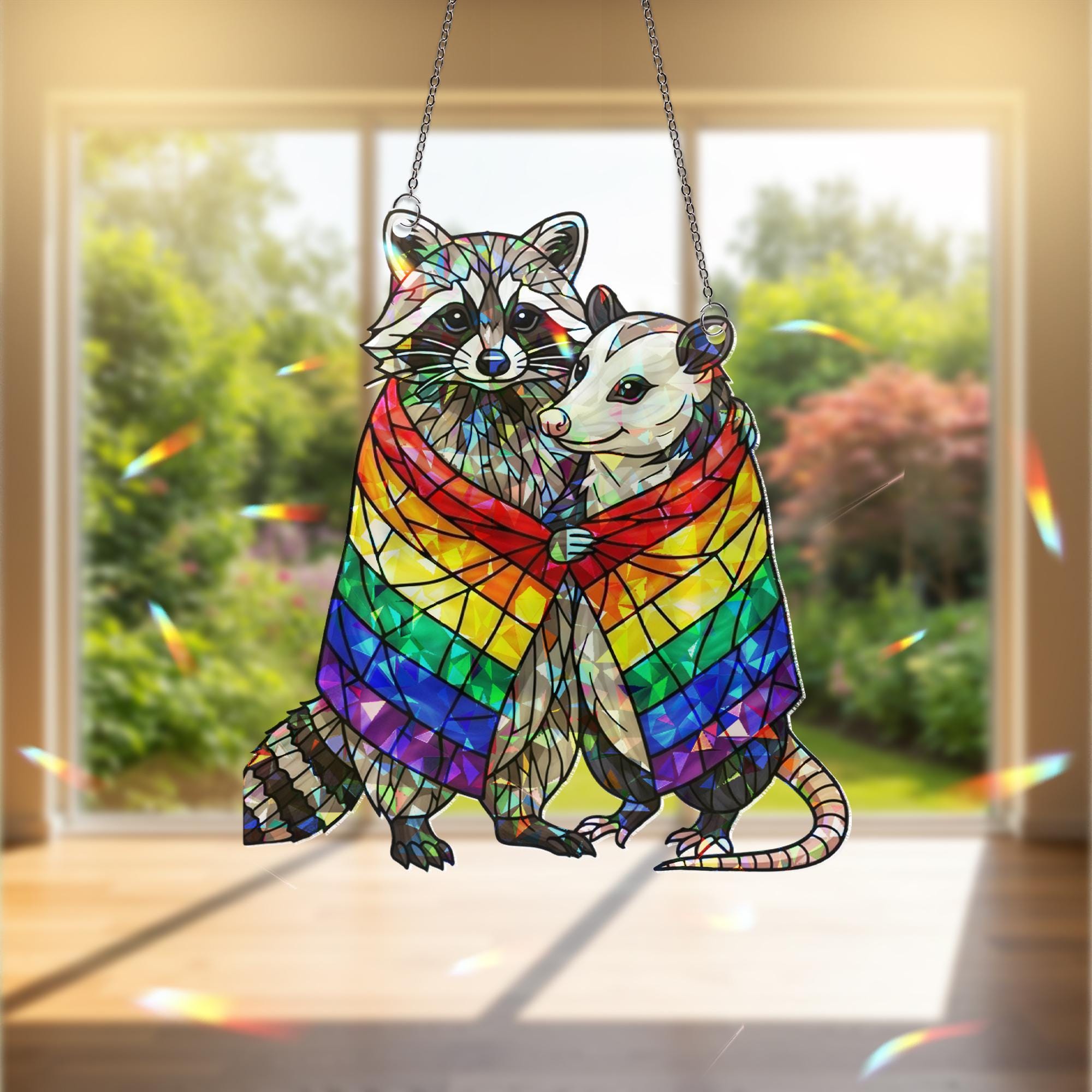 Pride Raccoon Hugging Possum Hologram Decor, Funny Lgbt Decor, Trash Panda Decor, Lgbt Animal Art, Funny Home Decor, Gift For Her