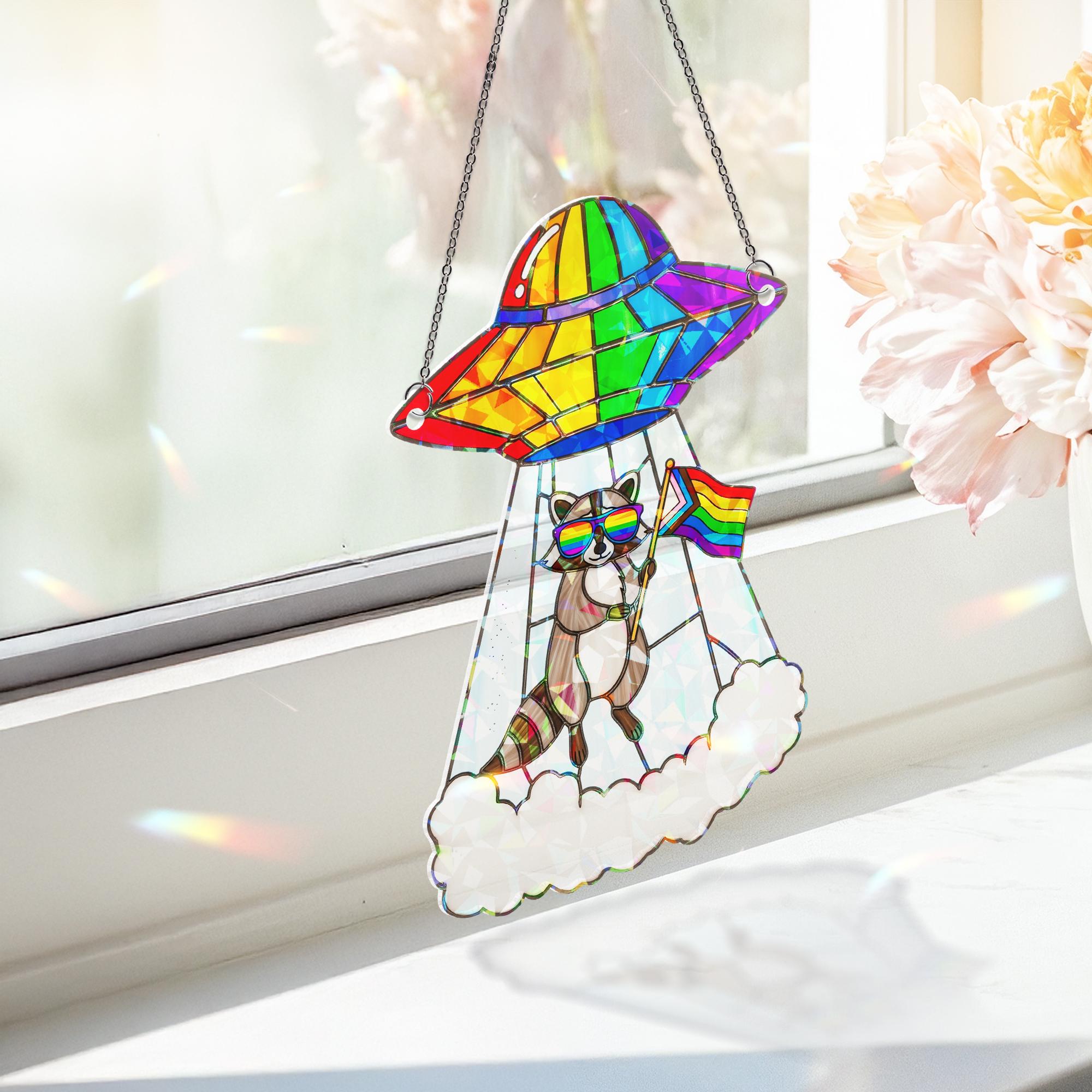 Funny Pride Raccoon UFO Suncatcher | Holographic Acrylic Alien Rainbow Window Decor | LGBTQ+ Quirky Room or Office Gift