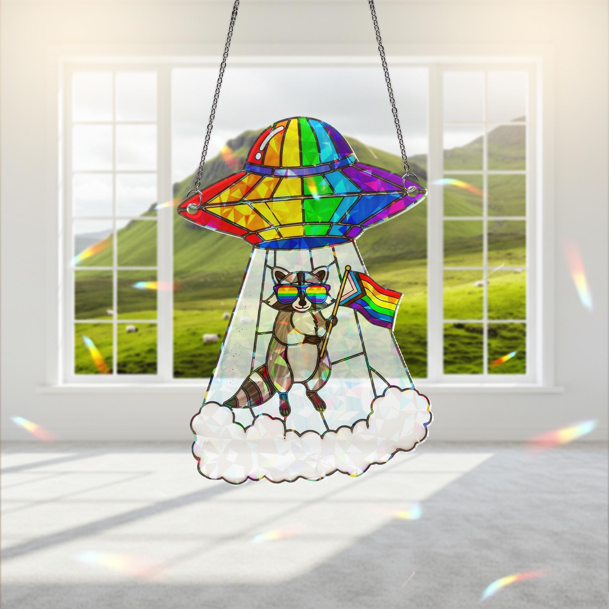 Funny Pride Raccoon UFO Suncatcher | Holographic Acrylic Alien Rainbow Window Decor | LGBTQ+ Quirky Room or Office Gift